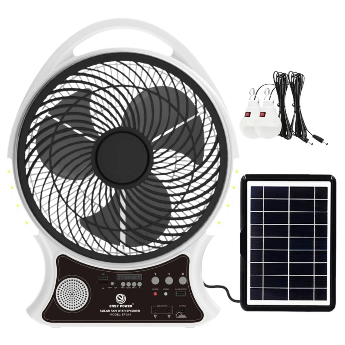 VENTILADOR ABANICO CIRCULADOR RECARGABLE CON PANEL SOLAR 14 PULGADAS PARLANTE BLUETOOTH