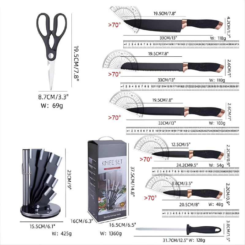 SET DE CUCHILLOS DE COCINA X8 PIEZAS CON BASE GIRATORIA KIT ANTIOXIDANTE MANGO ERGONOMICO 