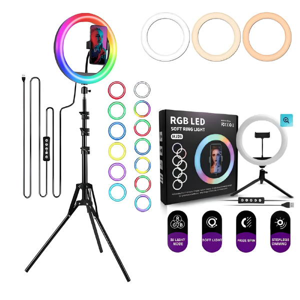 ARO LUZ RGB 26CM TRIPODE MJ26 LED SELFIE FOTOGRAFIA VIDEO STREAMING SOPORTE CELULAR USB