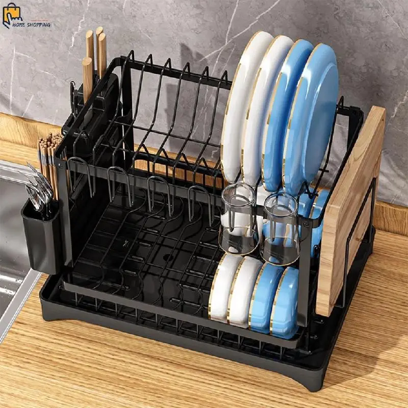 ESCURRIDOR PLATOS SECAPLATOS ORGANIZADOR COCINA REJILLA SECADO 2 NIVELES ACERO INOXIDABLE CON DESAGUE SOPORTE UTENSILIOS