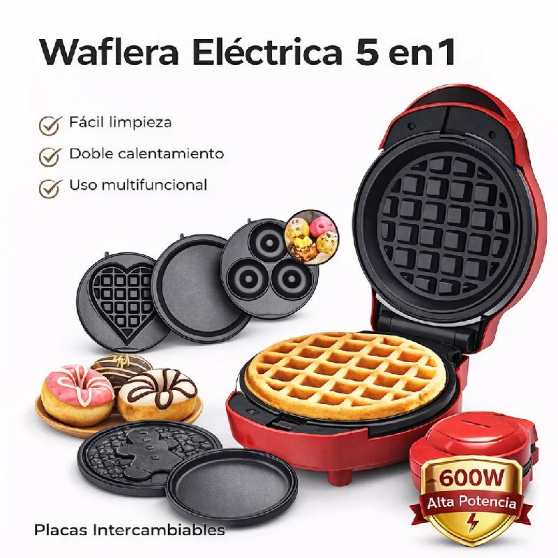 MINI WAFLERA MAQUINA PARA DONAS MAQUINA SNACKS 5 EN 1 PLACAS INTERCAMBIABLES 600W ANTIADHERENTE SOKANY 