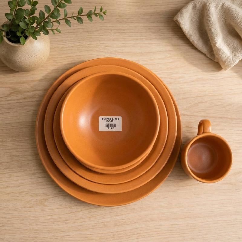 JUEGO DE VAJILLA DE 24 PIEZAS COLOR TERRACOTA PARA 4 PUESTOS DE CERÁMICA ELEGANTE