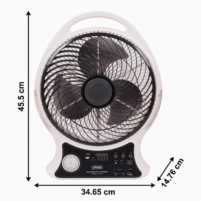 VENTILADOR ABANICO CIRCULADOR RECARGABLE CON PANEL SOLAR 14 PULGADAS PARLANTE BLUETOOTH