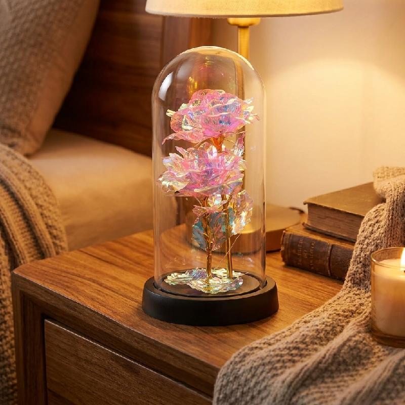 ROSA ETERNA ARTIFICIAL FLOR CON LUZ LED CUPULA TRANSPARENTE LAMPARA DECORATIVA FUSCIA
