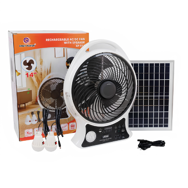 VENTILADOR ABANICO CIRCULADOR RECARGABLE CON PANEL SOLAR 14 PULGADAS PARLANTE BLUETOOTH