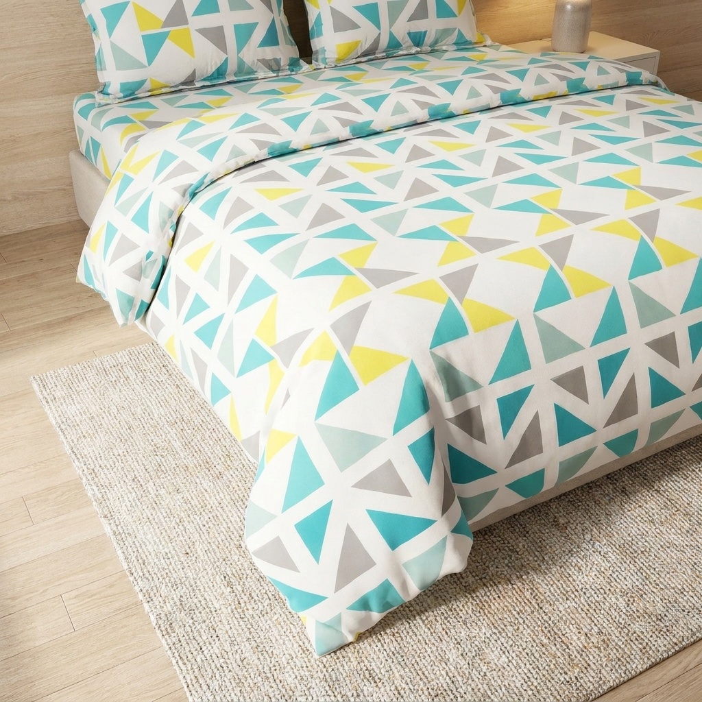 JUEGO DE SÁBANAS CON DISEÑO TRIANGULAR PARA CAMA 140X190CM COSTURAS REFORZADAS TRANSPIRABLE 
