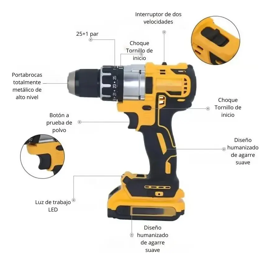 TALADRO INALÁMBRICO DESTORNILLADOR ELÉCTRICO ATORNILLADOR HERRAMIENTA MULTIFUNCIONAL ERGONÓMICO CON ACCESORIOS