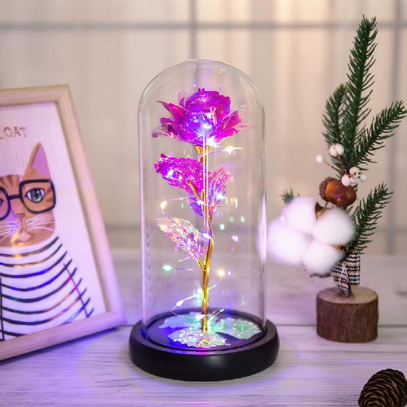 ROSA ETERNA ARTIFICIAL FLOR CON LUZ LED CUPULA TRANSPARENTE LAMPARA DECORATIVA FUSCIA