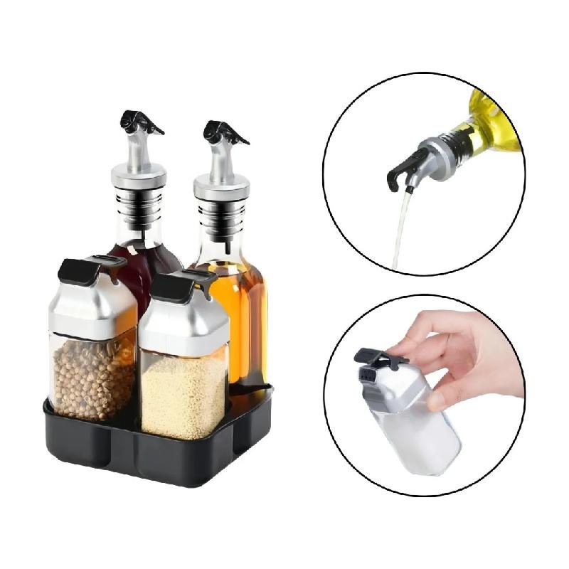 SET CONDIMENTERO DISPENSADOR ACEITERO SALERO CON BASE 5 PIEZAS HC2262