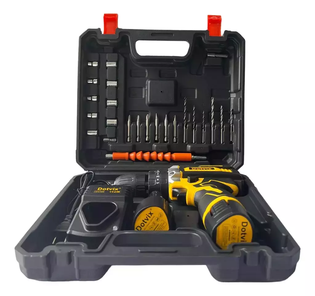 TALADRO INALAMBRICO DOTVIX 18V CON ACCESORIOS 2 BATERIAS BROCAS LED REVERSA MALETIN 