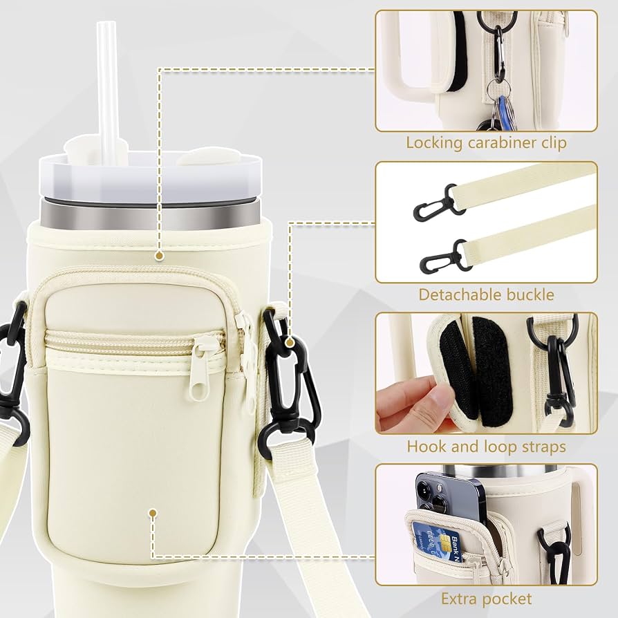 FUNDA PROTECTORA DE NEOPRENO PARA TERMO 40 ONZAS FORRO IMPERMEABLE ANTICHOQUE BEIGE 