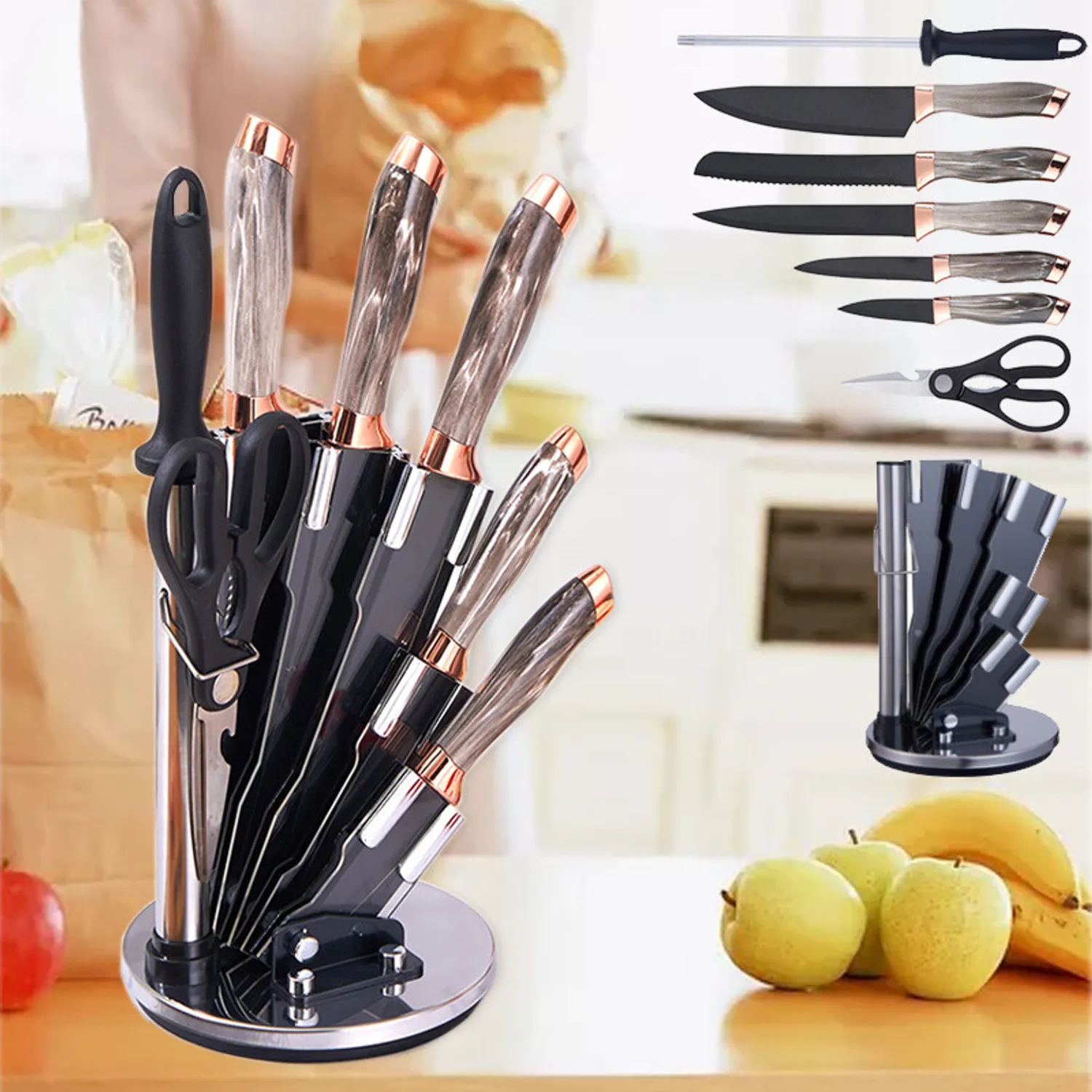 SET DE CUCHILLOS DE COCINA X8 PIEZAS CON BASE GIRATORIA KIT ANTIOXIDANTE MANGO ERGONOMICO 