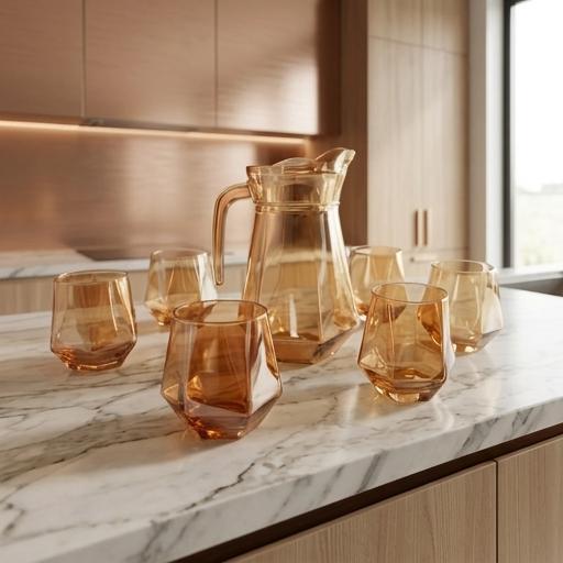 SET DE JARRA Y 6 VASOS DE VIDRIO CON DISEÑO DIAMANTE JARRA 1.4L CON TAPA VASOS 330ML 