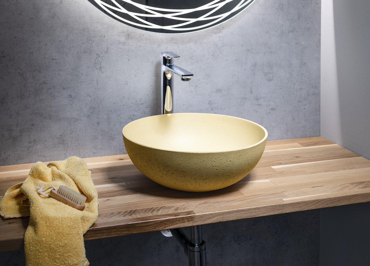 FORMIGO umywalka betonowa nablatowa, średnica 39cm, żółty mat