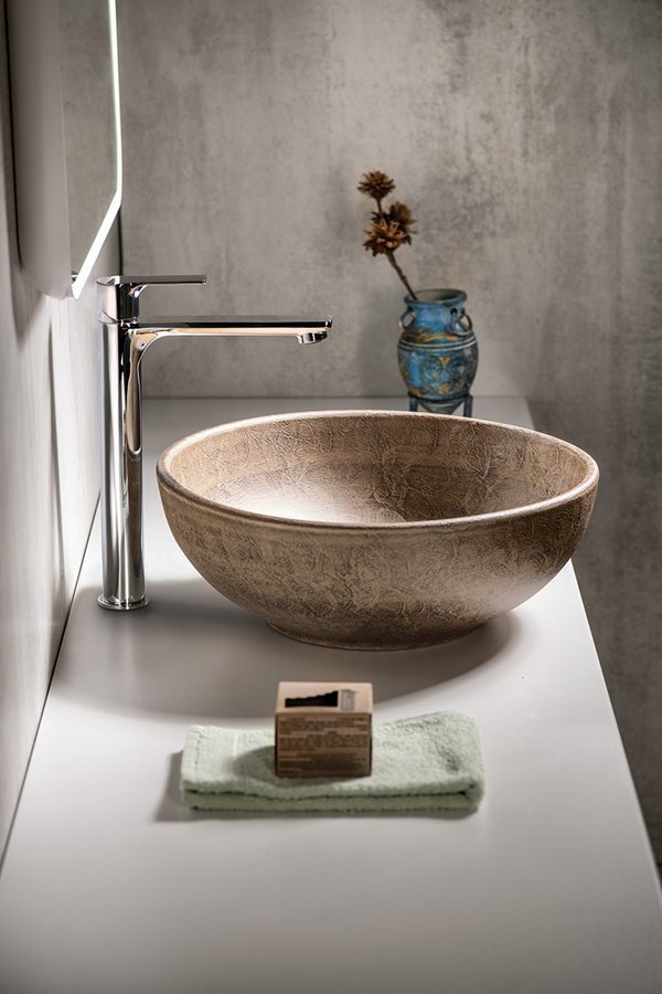 PRIORI umywalka ceramiczna nablatowa, średnica 41cm, brązowa ze wzorem