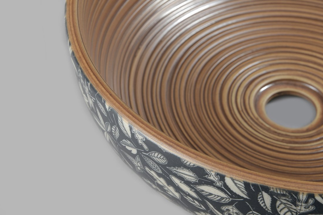 PRIORI umywalka ceramiczna nablatowa, średnica 41cm, brązowy z niebieskim wzorem