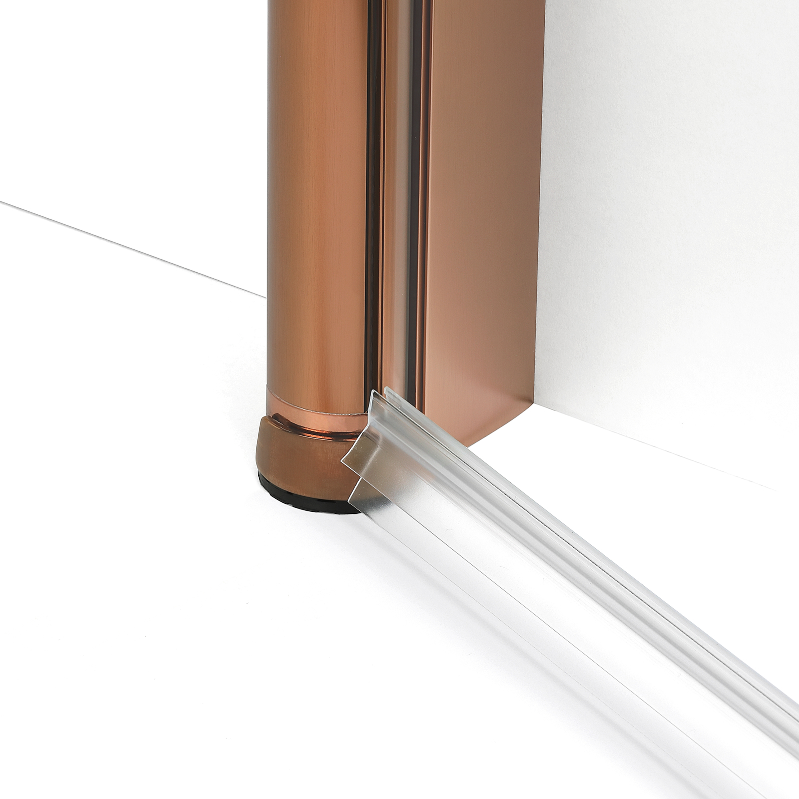 Drzwi wnękowe New Soleo Copper Brushed, pojedyncze, wahadłowe, plus ścianka z zawiasem, ze wspornikiem skośnym.