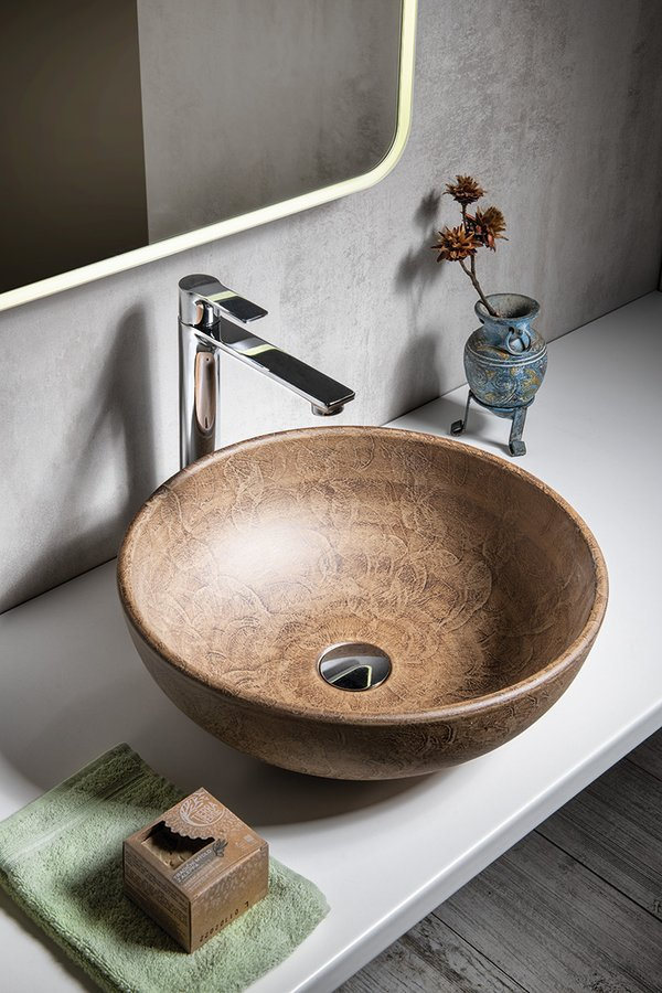PRIORI umywalka ceramiczna nablatowa, średnica 41cm, brązowa ze wzorem