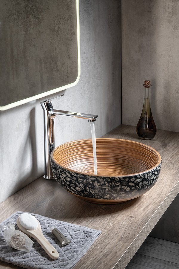 PRIORI umywalka ceramiczna nablatowa, średnica 41cm, brązowy z niebieskim wzorem