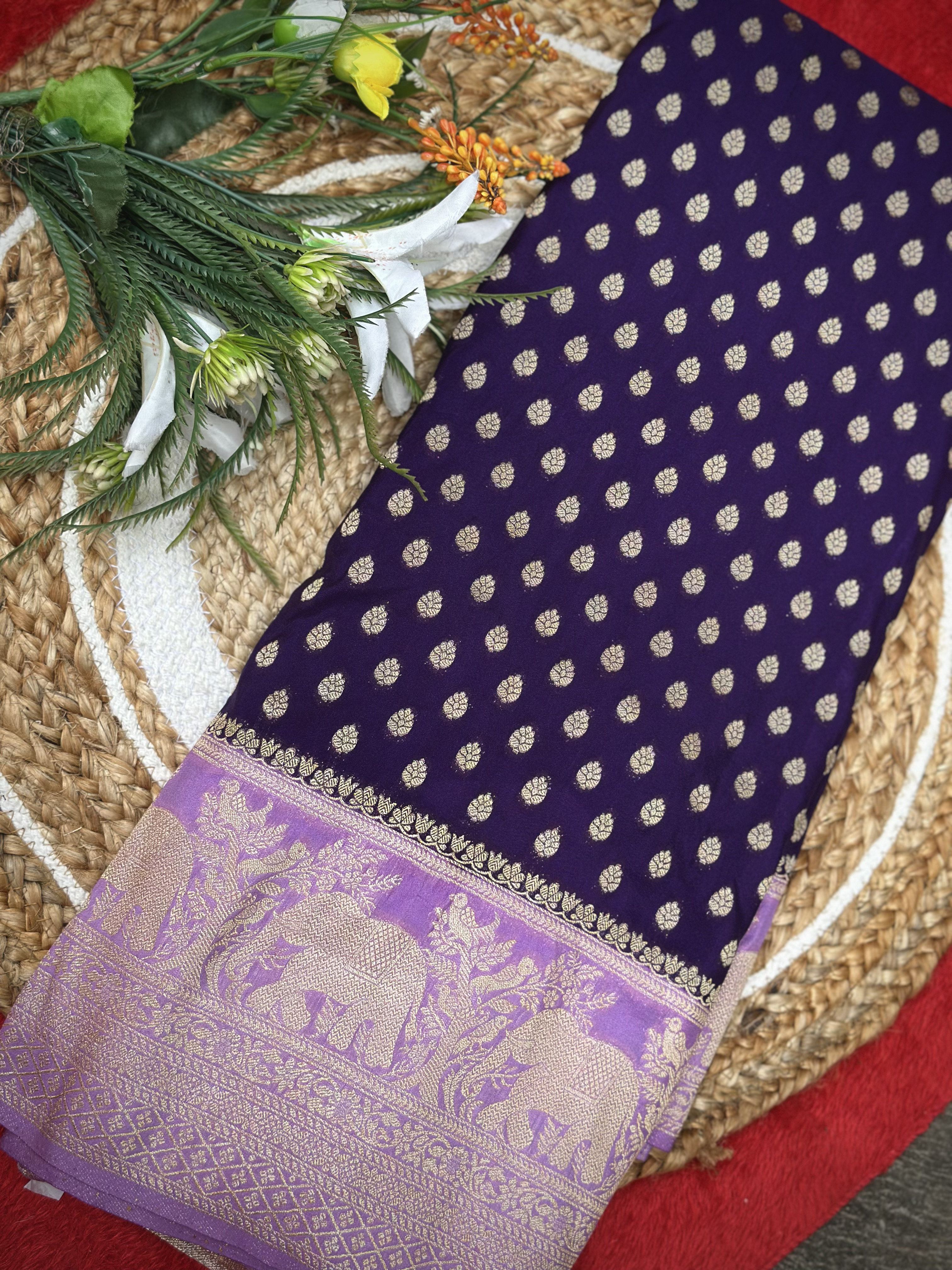 Kadi Georgette – Dark Wine Saree with Lavender Border