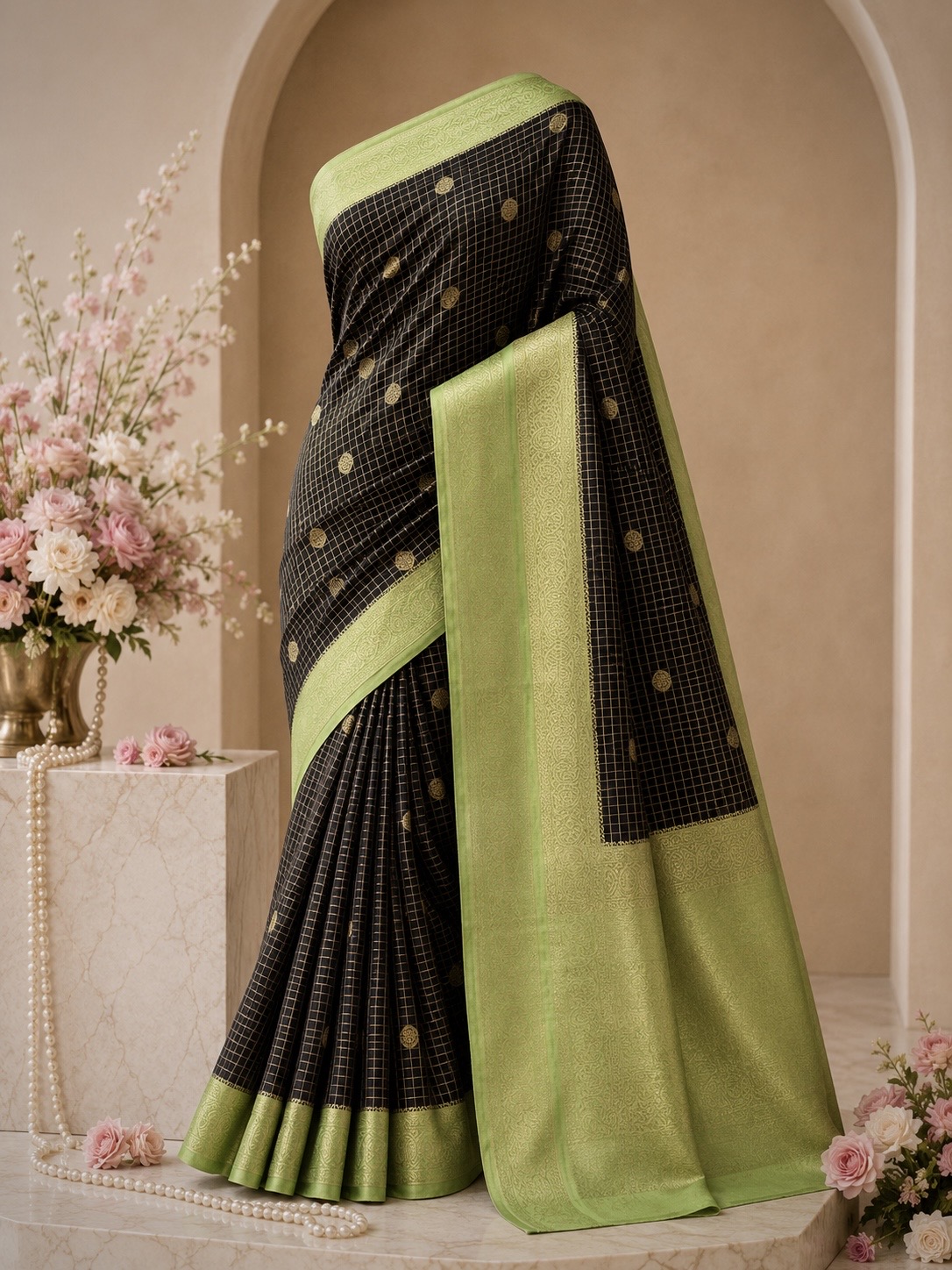 Black Berry Silk – Premium Black Semi Crepe Saree with Pista Green Border