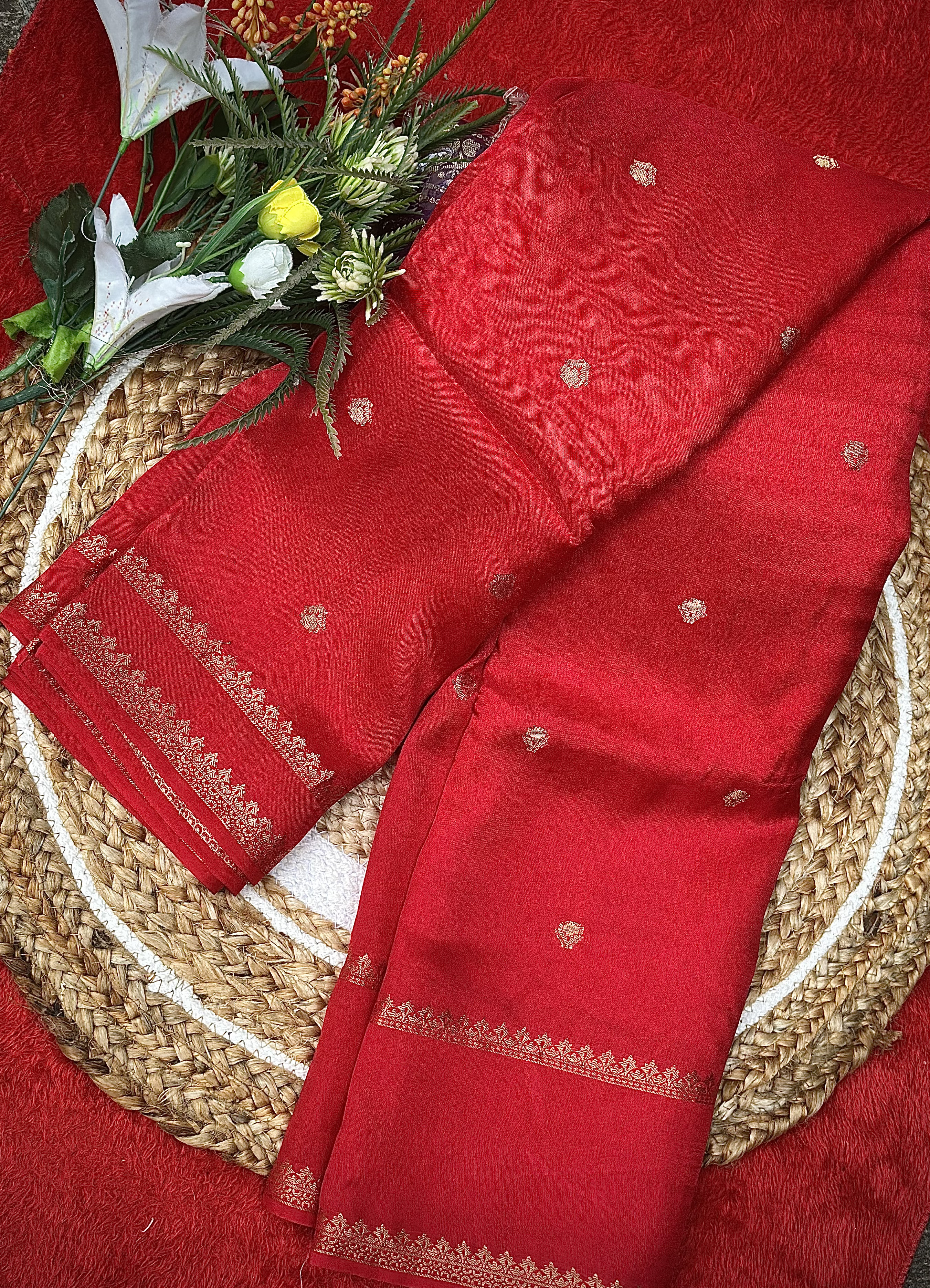 Vijaya Silks – Pure Dola Silk Saree in Red with Golden Bentex Zari Border