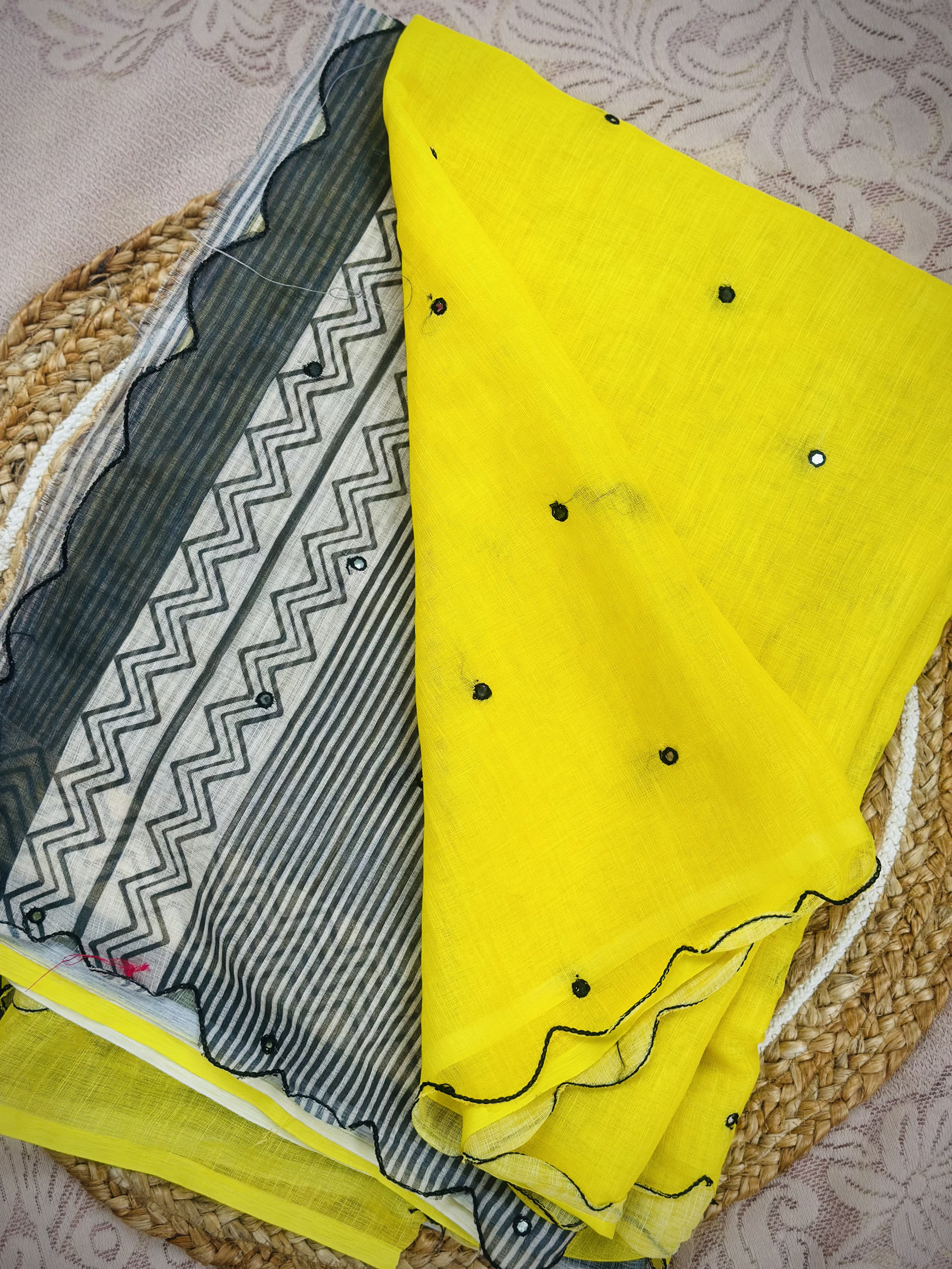 Tridha – Premium Soft Linen Saree | Lemon Yellow with Black Border