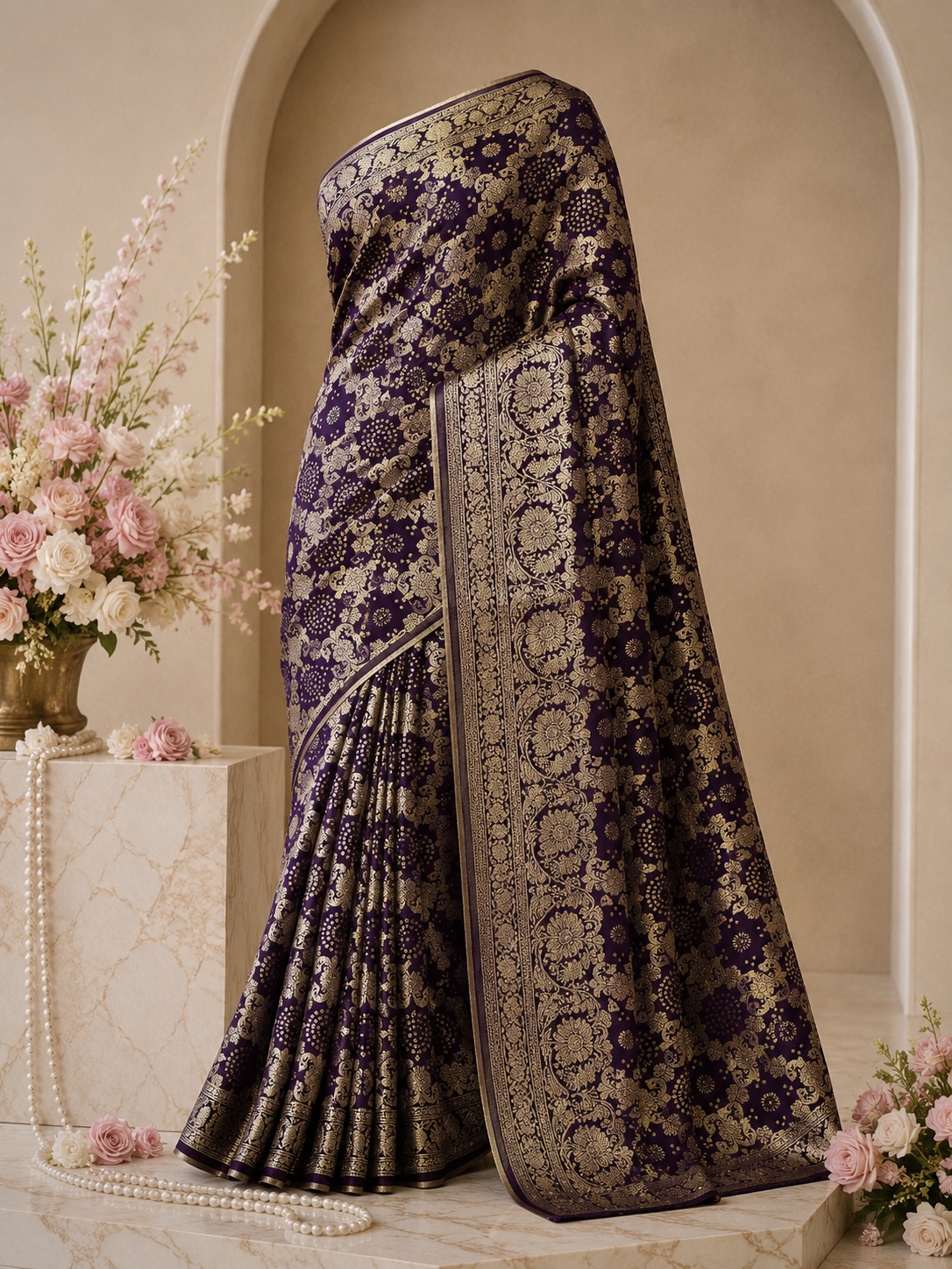 Kashish Silk – Premium Dark Wine Banarasi Georgette Saree with Golden Zari Weaving
