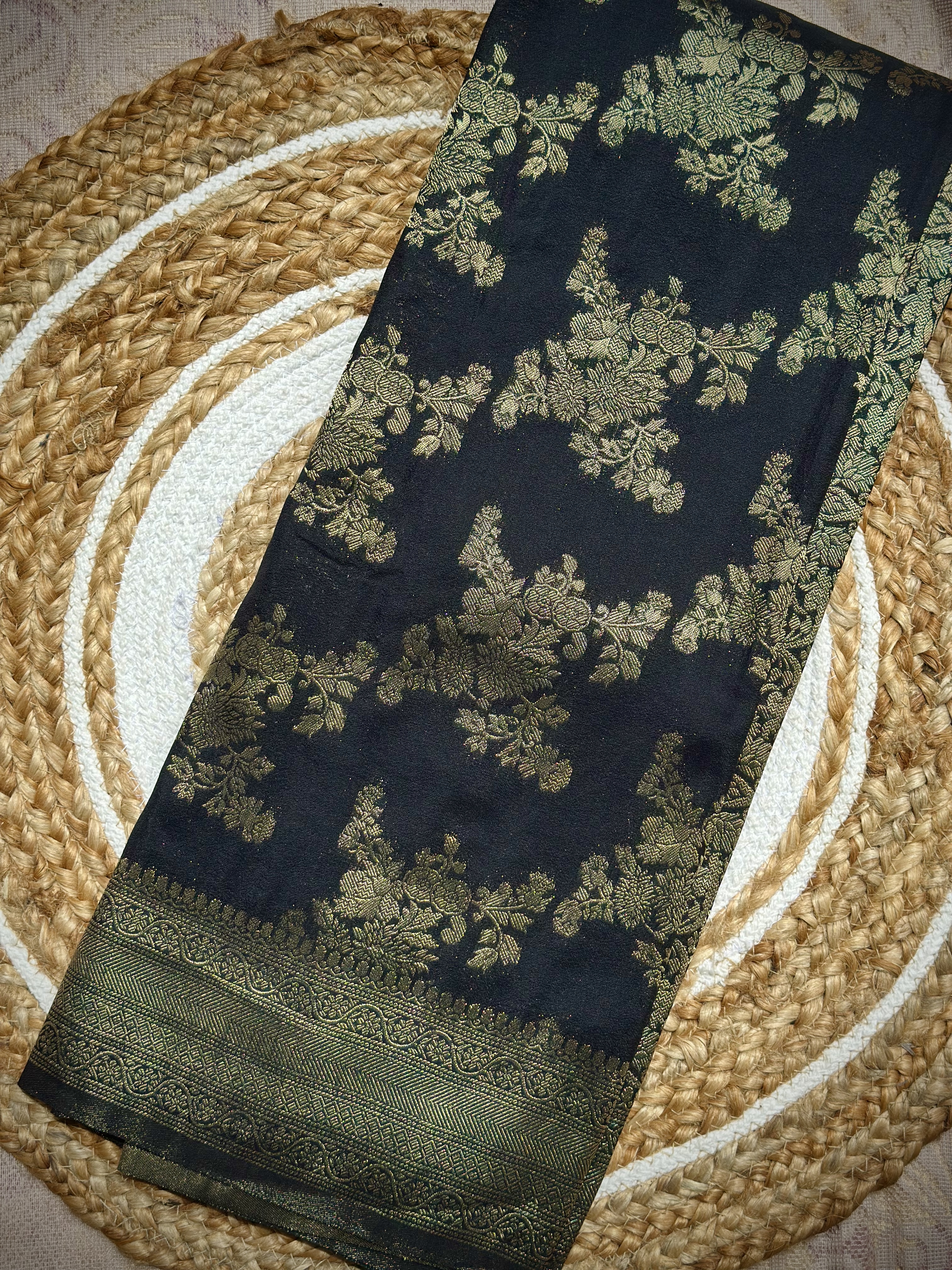 Tridha Silk – Premium Semi Georgette Saree | Black with Golden Zari Work