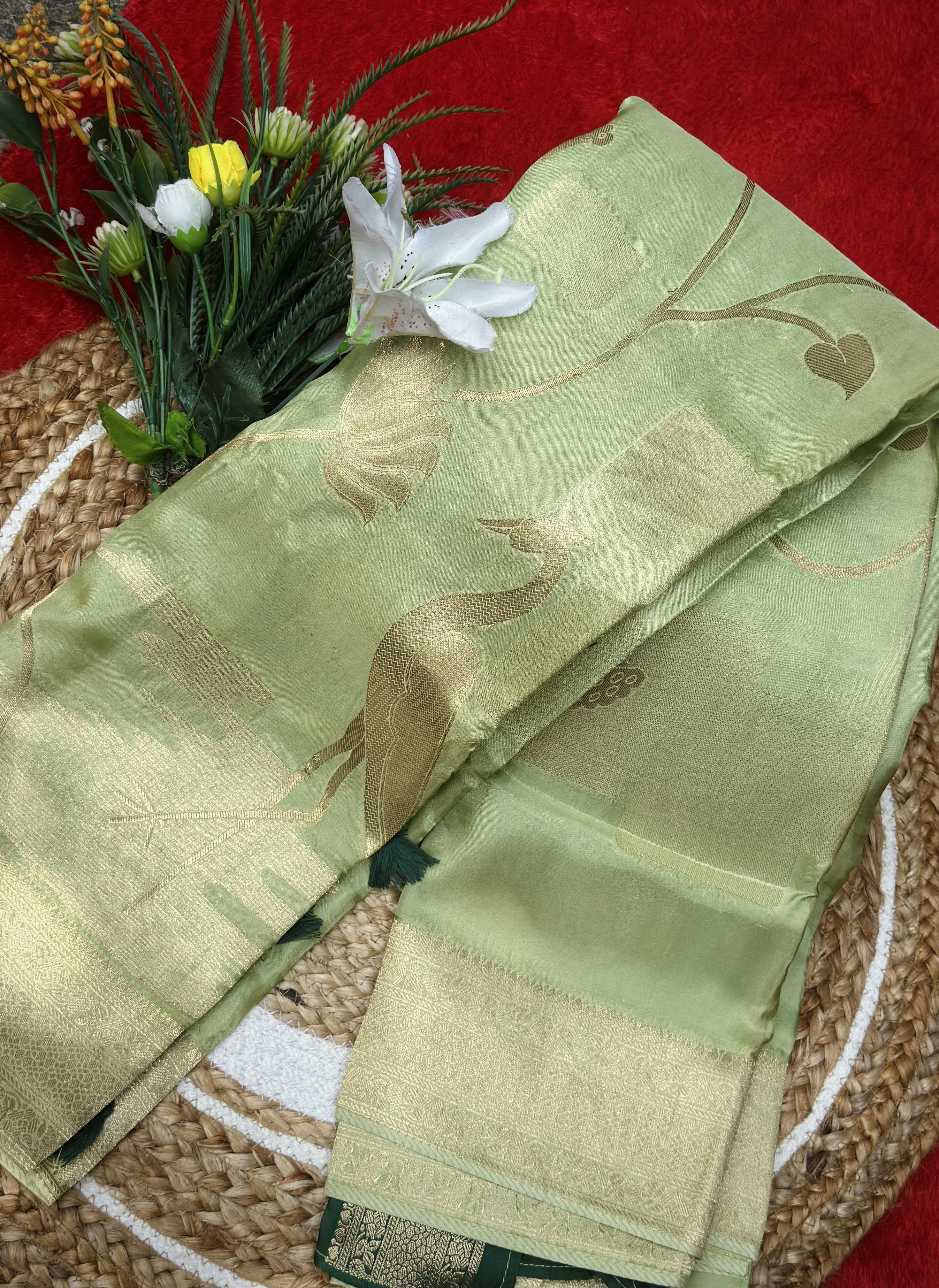Kendra Silks – Premium Pista Green Viscose Saree with Elegant Golden Border