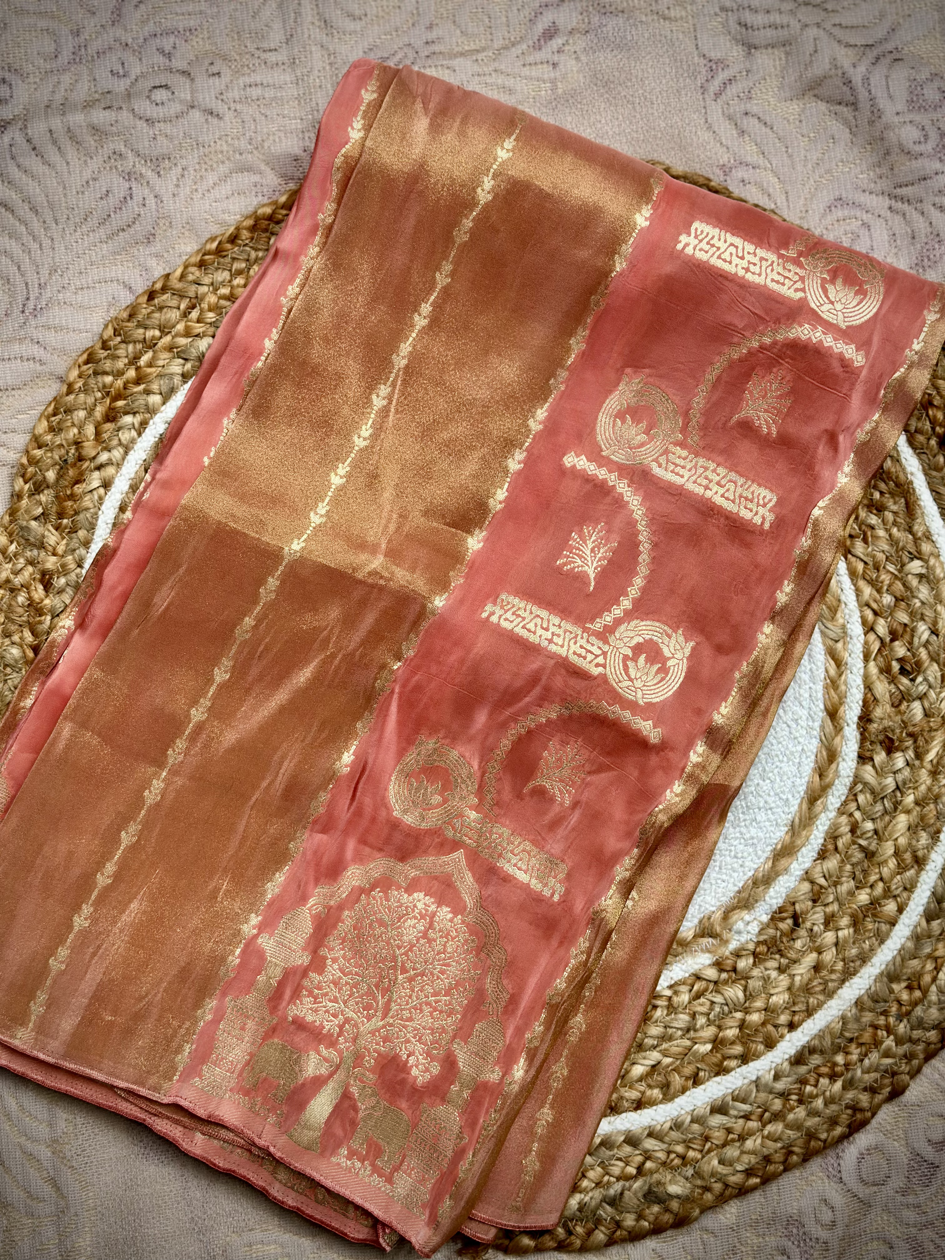 Tridha Silk – Premium Organza Saree | Peach Pink with Golden Zari