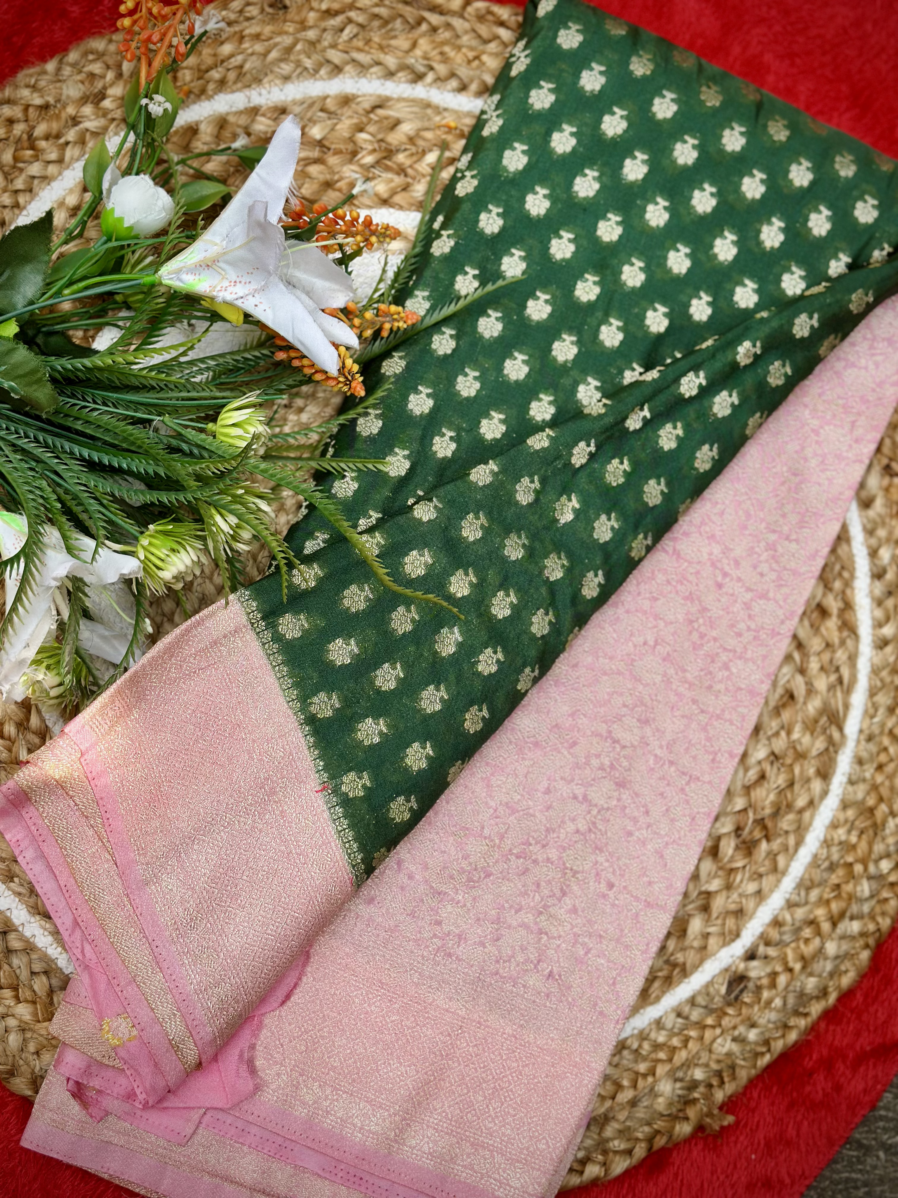 Kadi Georgette – Premium Bottle Green Saree with Baby Pink Border