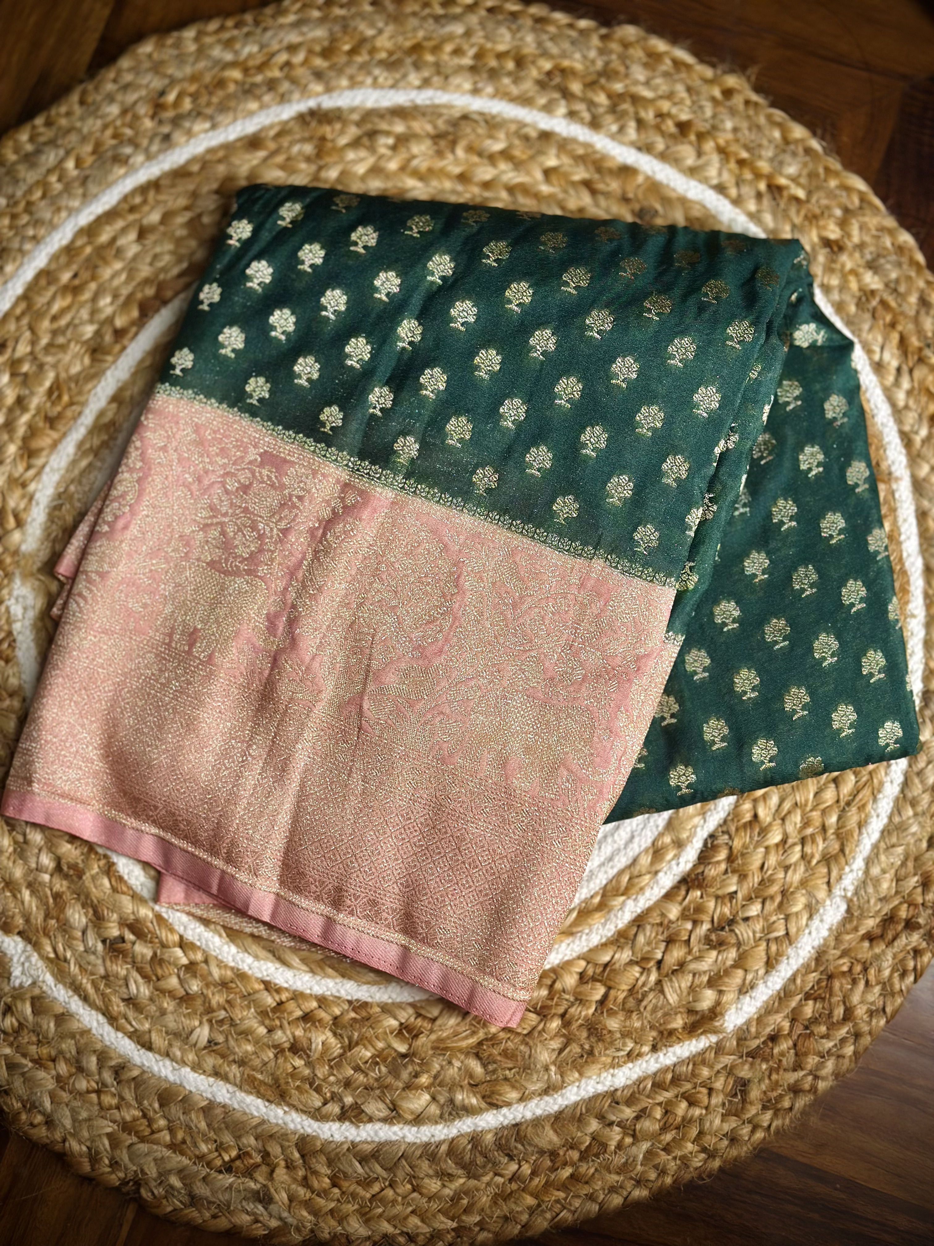 Kadi Georgette – Premium Bottle Green Saree with Baby Pink Border