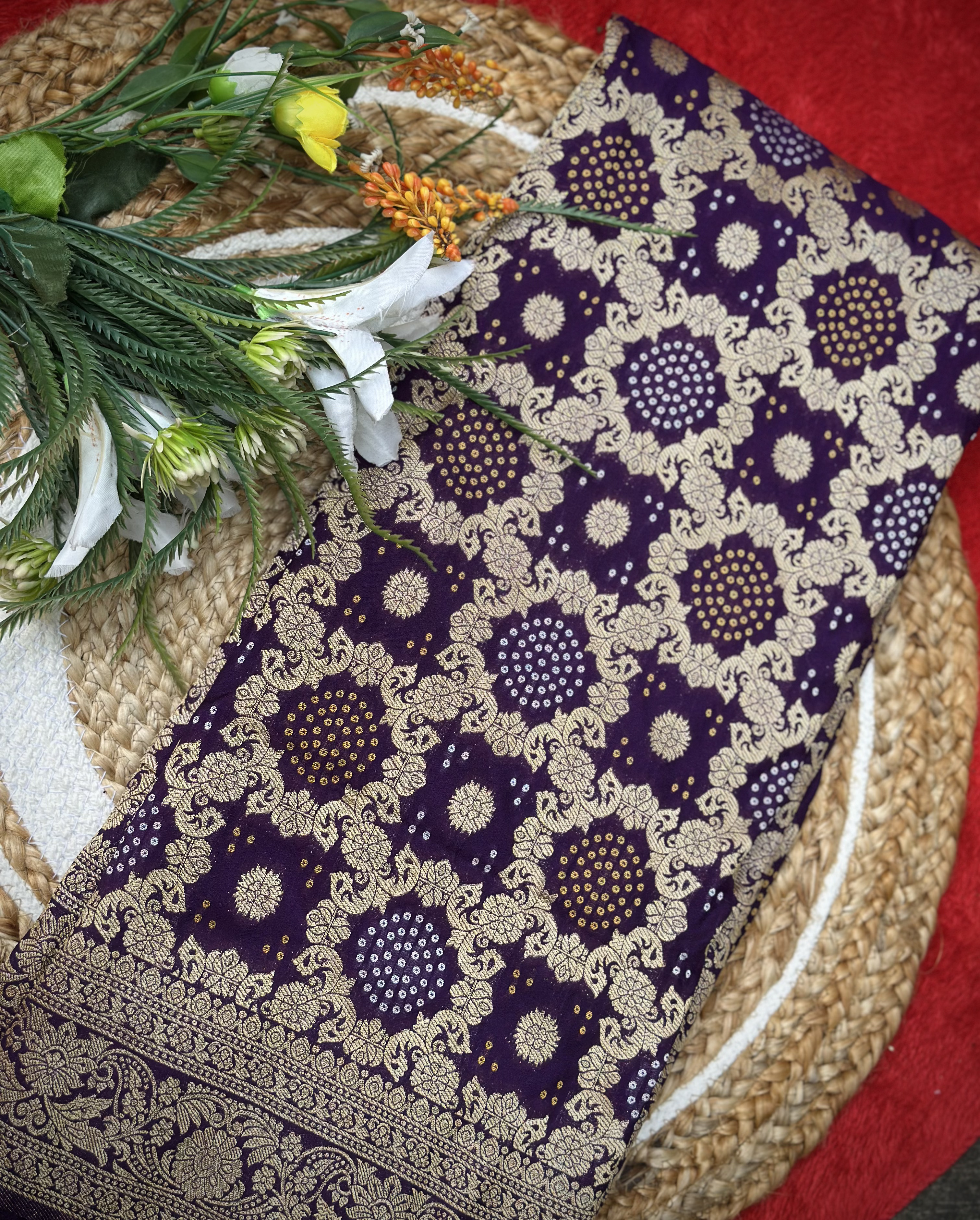 Kashish Silk – Premium Dark Wine Banarasi Georgette Saree with Golden Zari Weaving
