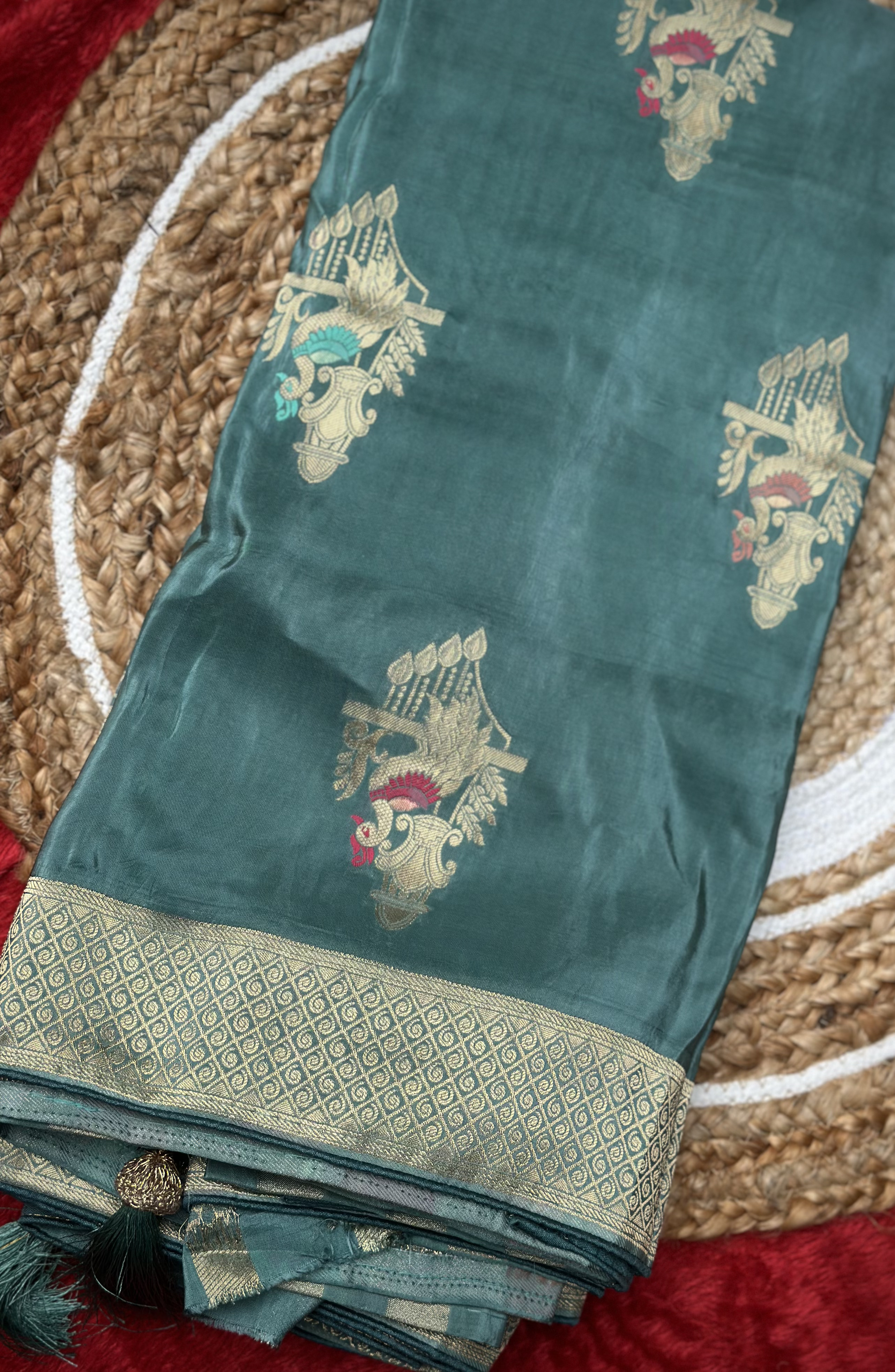 Vijaya Silks – Premium Sea Blue Russian Crepe Saree with Gold & Pink Woven Accents