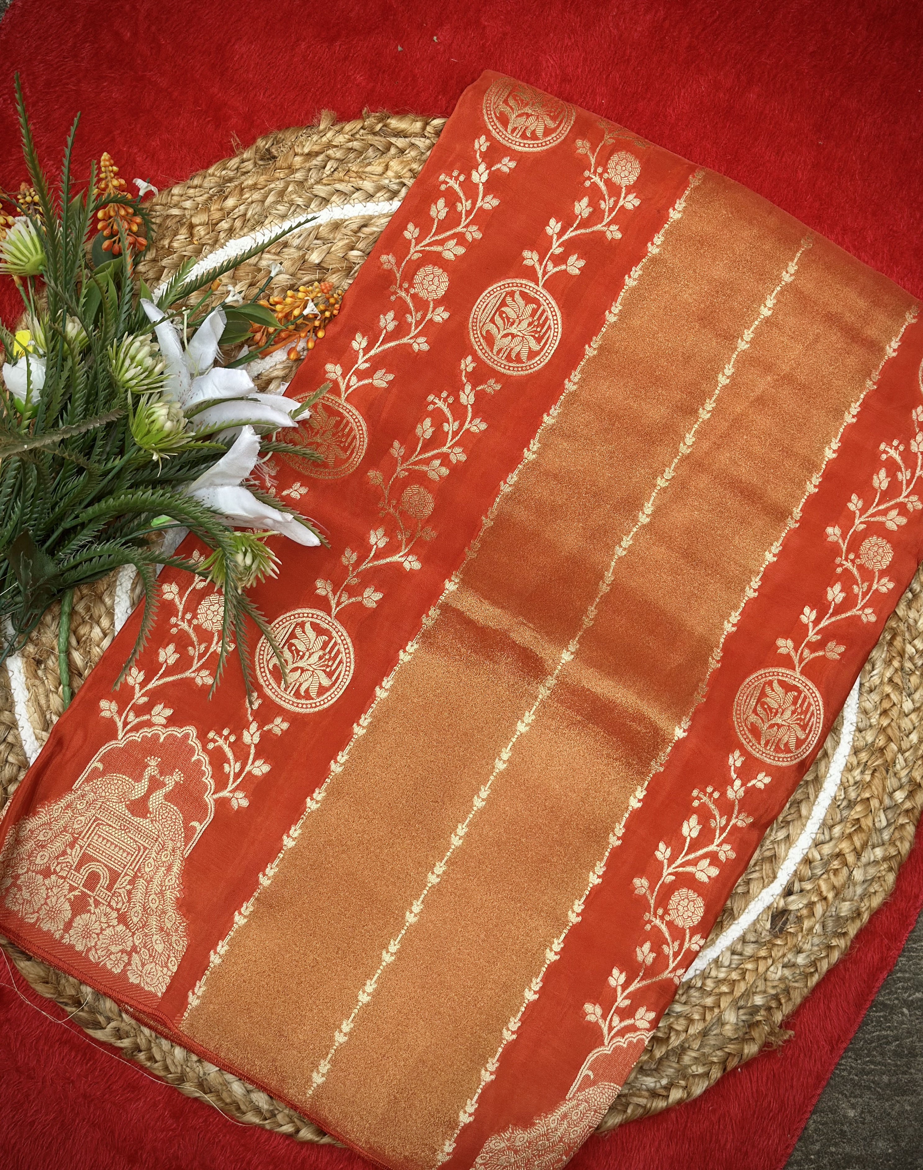 Kashish Silk – Premium Rust Orange Organza Saree with Golden Woven Border