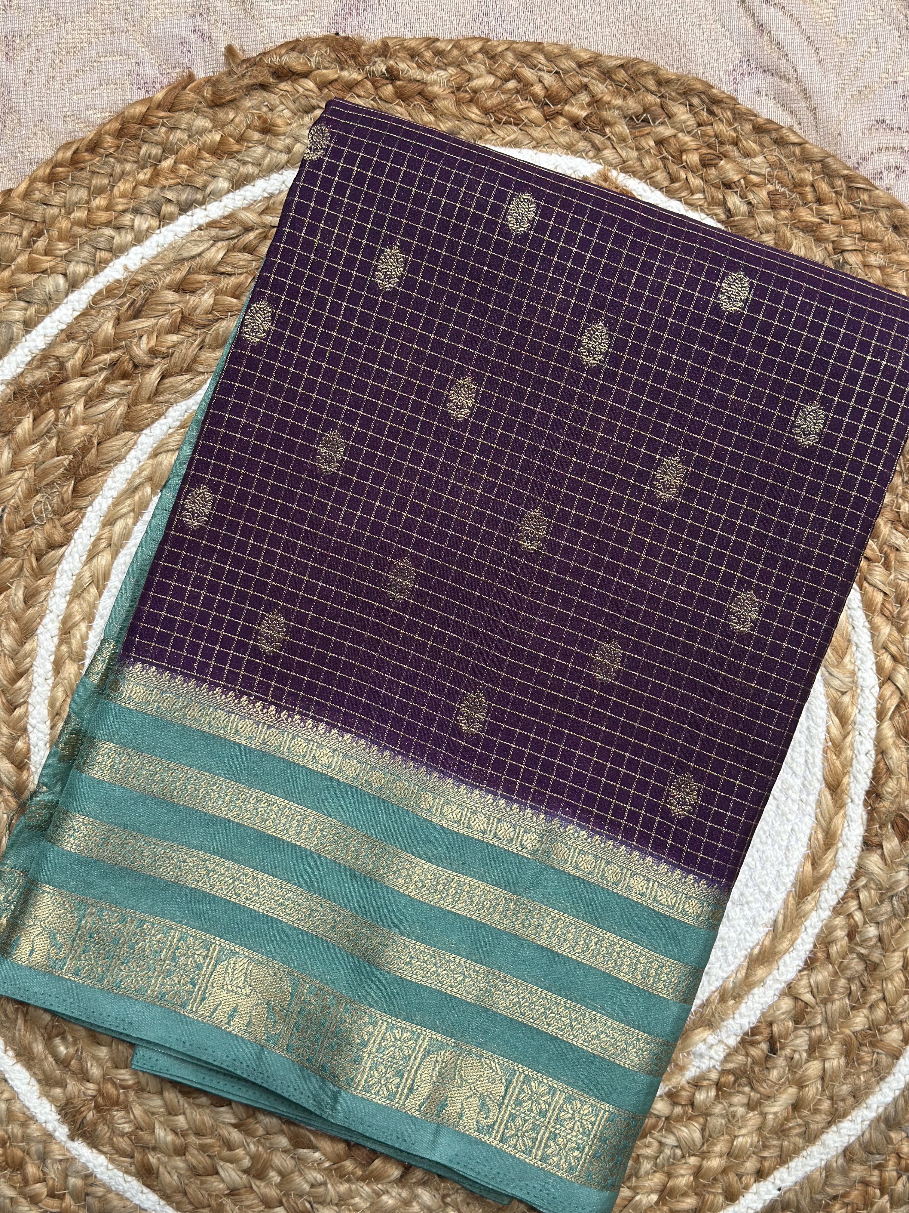Kashish Silk – Premium Semi Mysore Silk Saree | Purple with Aqua Blue Border
