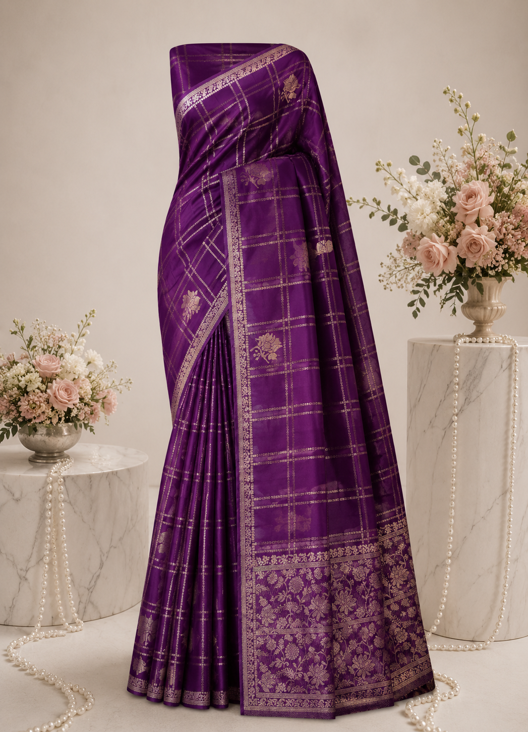 Tridha Silk – Premium Dark Purple Georgette Saree with Golden Checks
