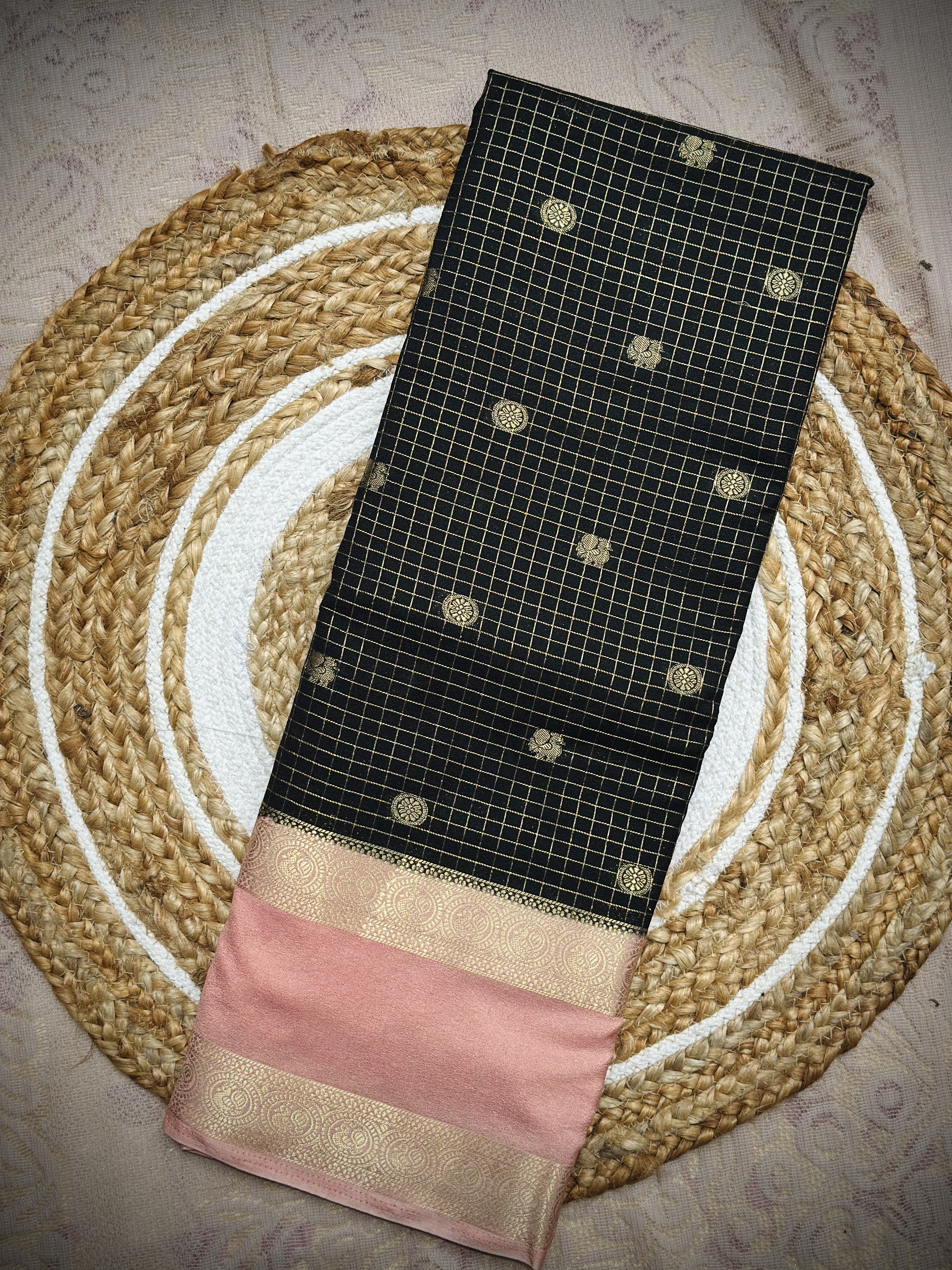 Black Berry – Premium Semi Mysore Silk Saree | Black with Peach Border