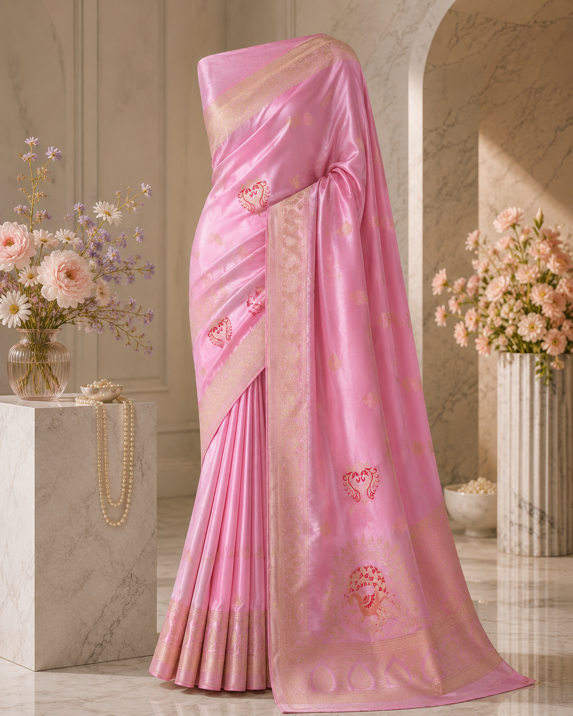 Vijaya Silks – Premium Baby Pink Russian Crepe Saree with Golden Zari Weaving