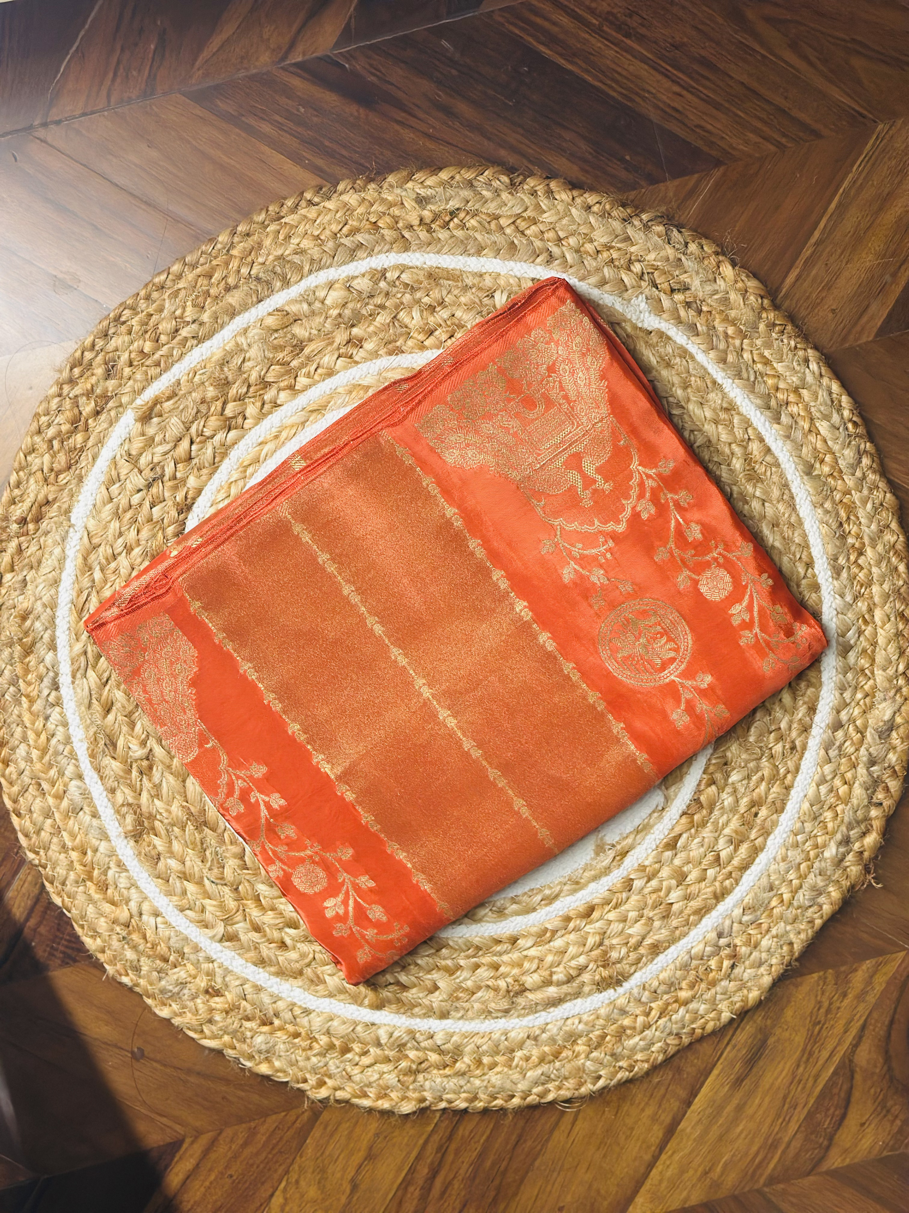 Kashish Silk – Premium Rust Orange Organza Saree with Golden Woven Border