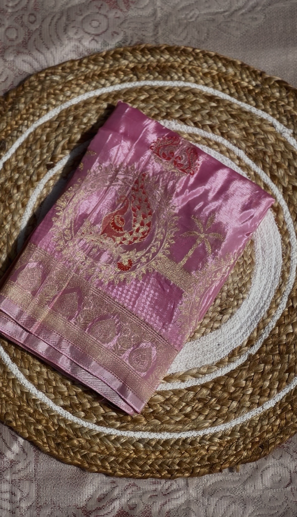 Vijaya Silks – Premium Baby Pink Russian Crepe Saree with Golden Zari Weaving