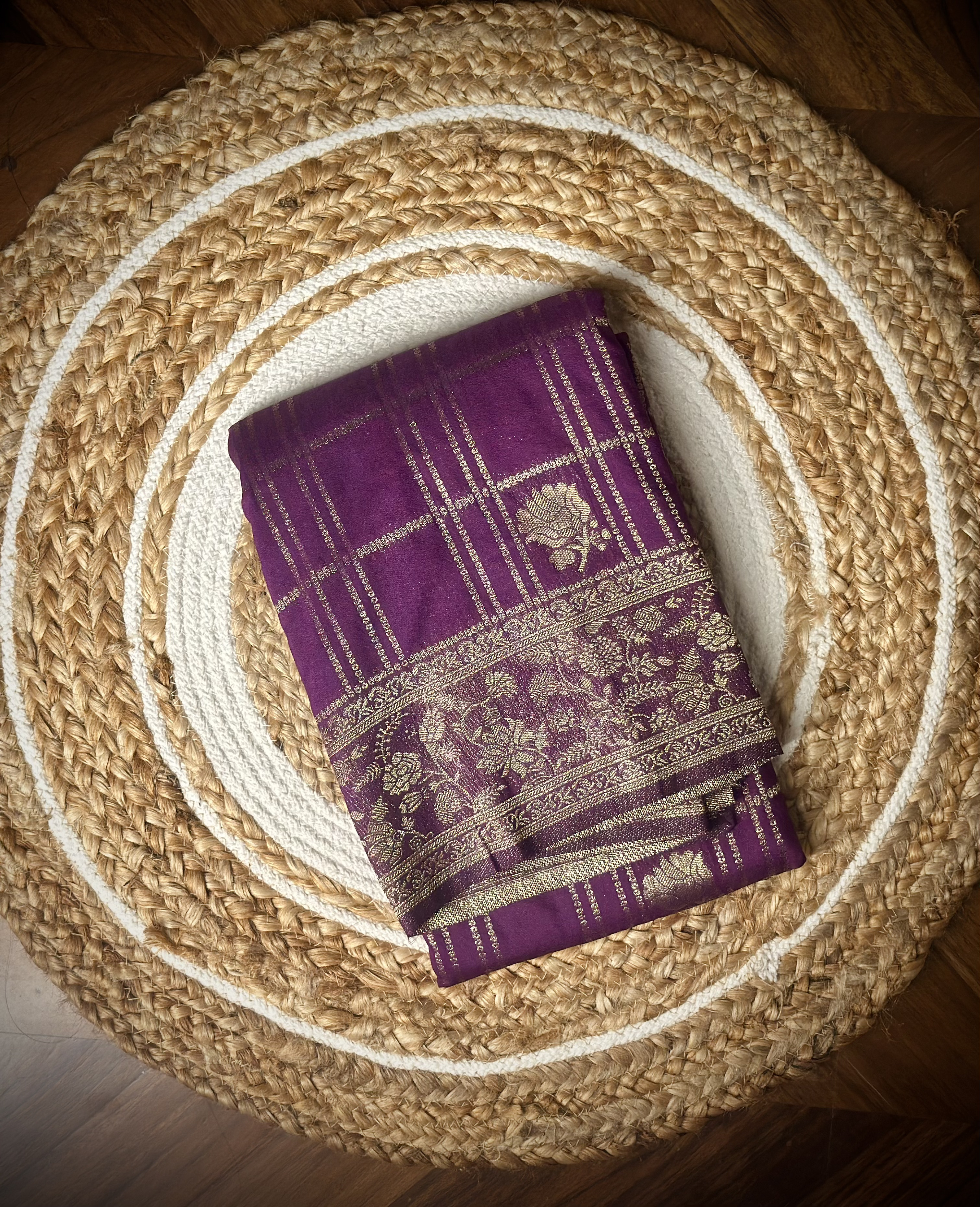 Tridha Silk – Premium Dark Purple Georgette Saree with Golden Checks