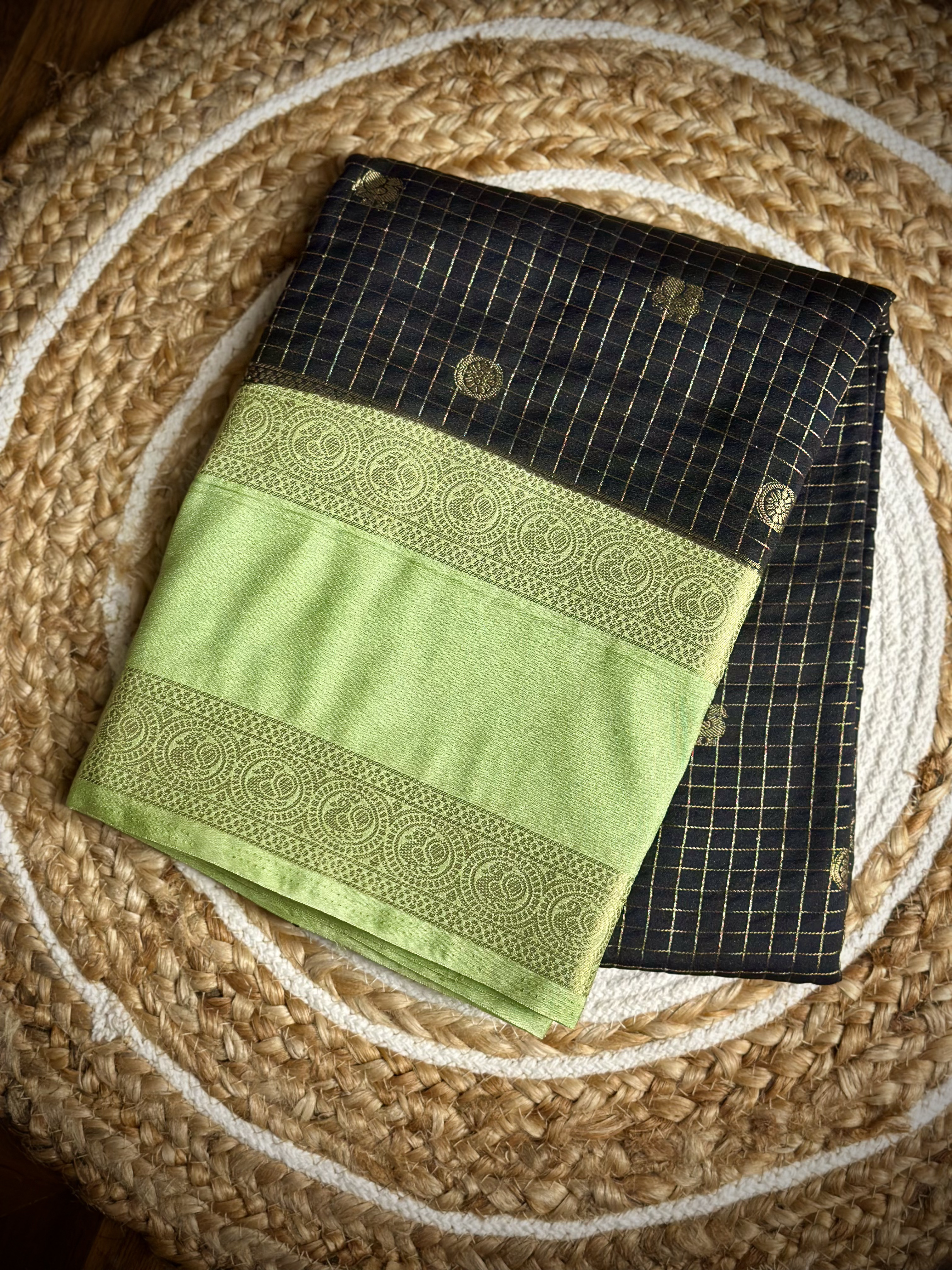 Black Berry Silk – Premium Black Semi Crepe Saree with Pista Green Border