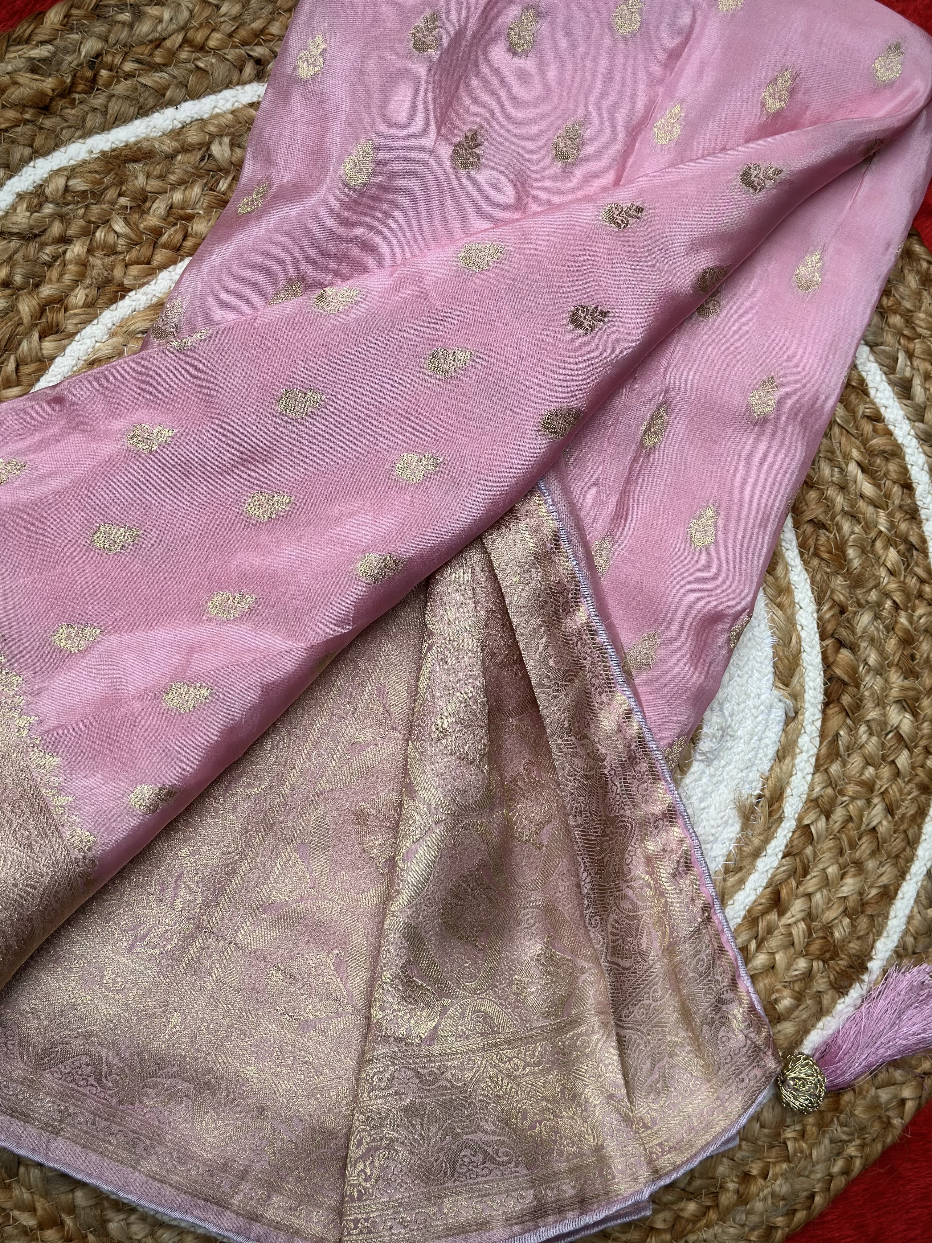 Vijaya Silks – Baby Pink Russian Crepe Saree with Golden Zari