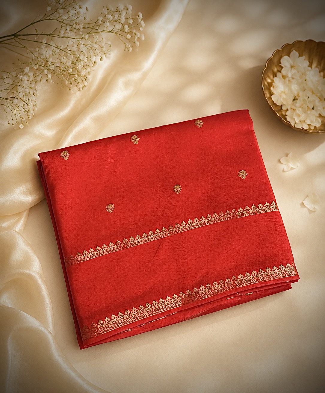 Vijaya Silks – Pure Dola Silk Saree in Red with Golden Bentex Zari Border