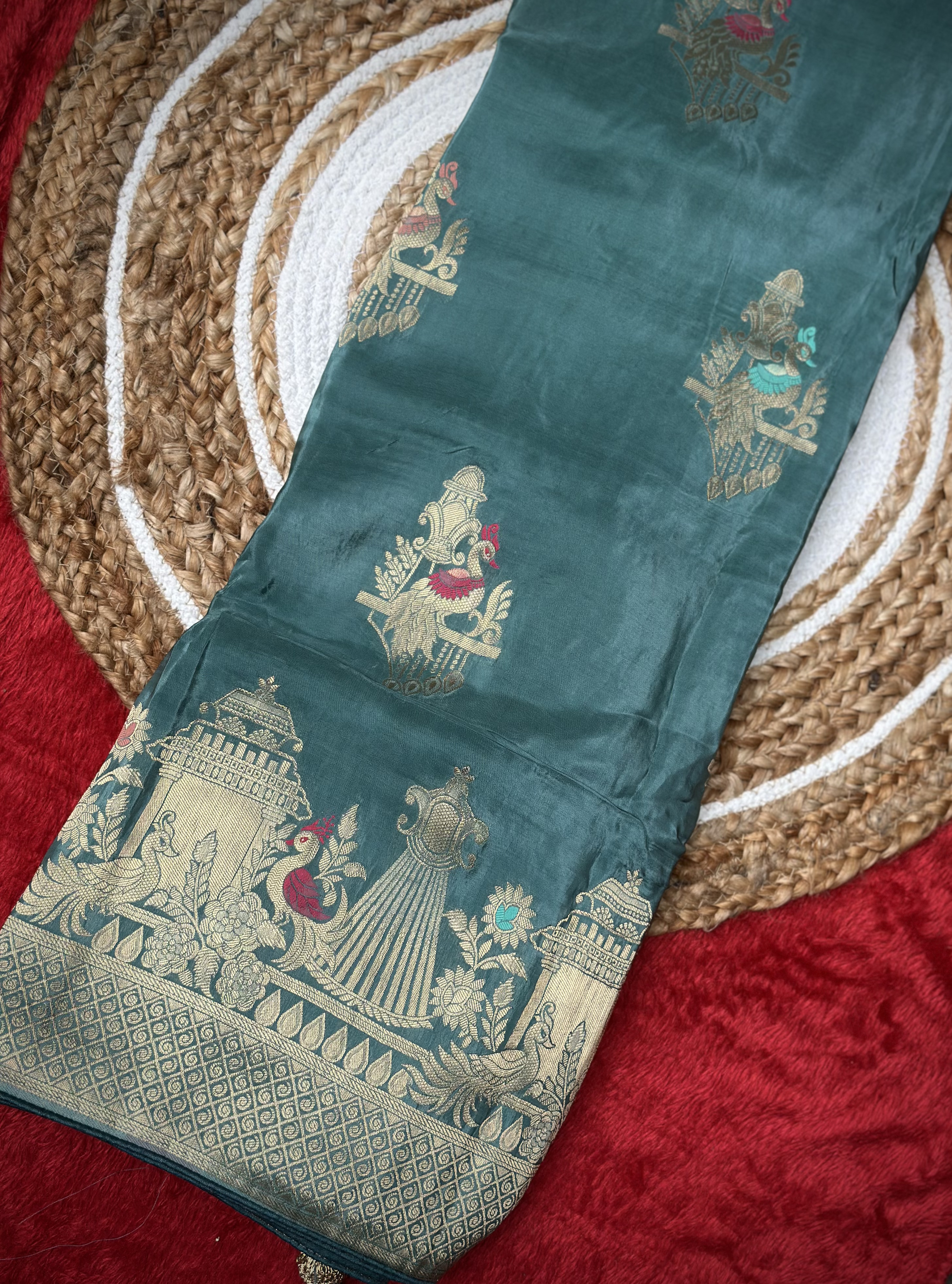 Vijaya Silks – Premium Sea Blue Russian Crepe Saree with Gold & Pink Woven Accents