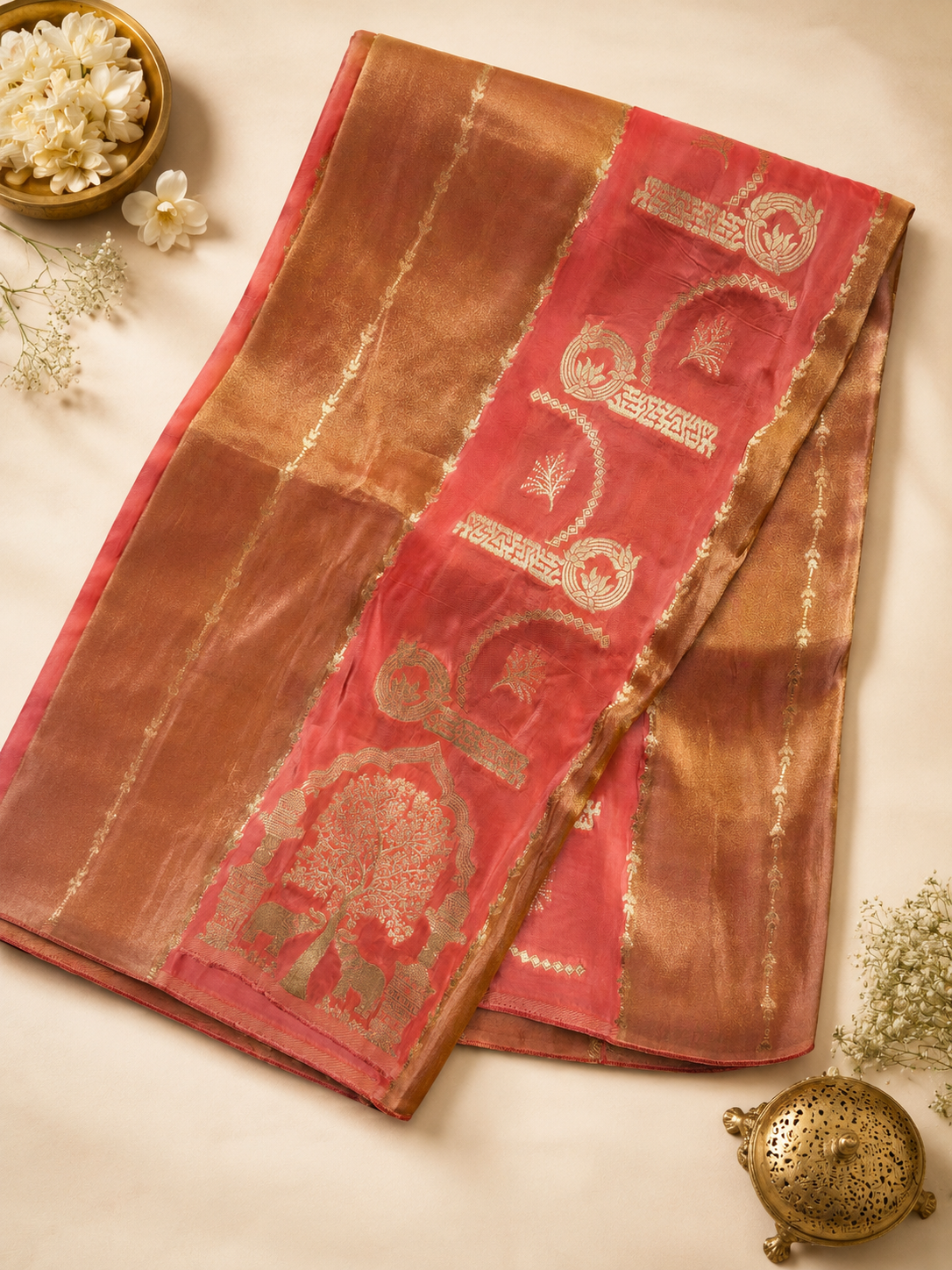 Tridha Silk – Premium Organza Saree | Peach Pink with Golden Zari