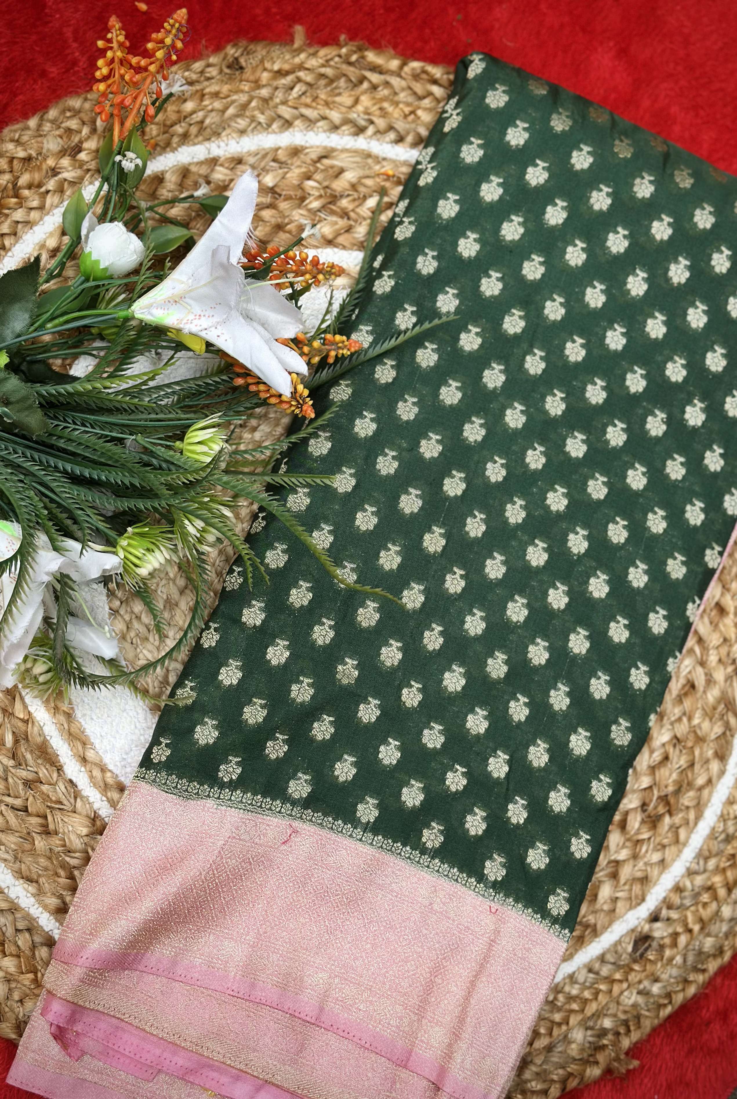Kadi Georgette – Premium Bottle Green Saree with Baby Pink Border
