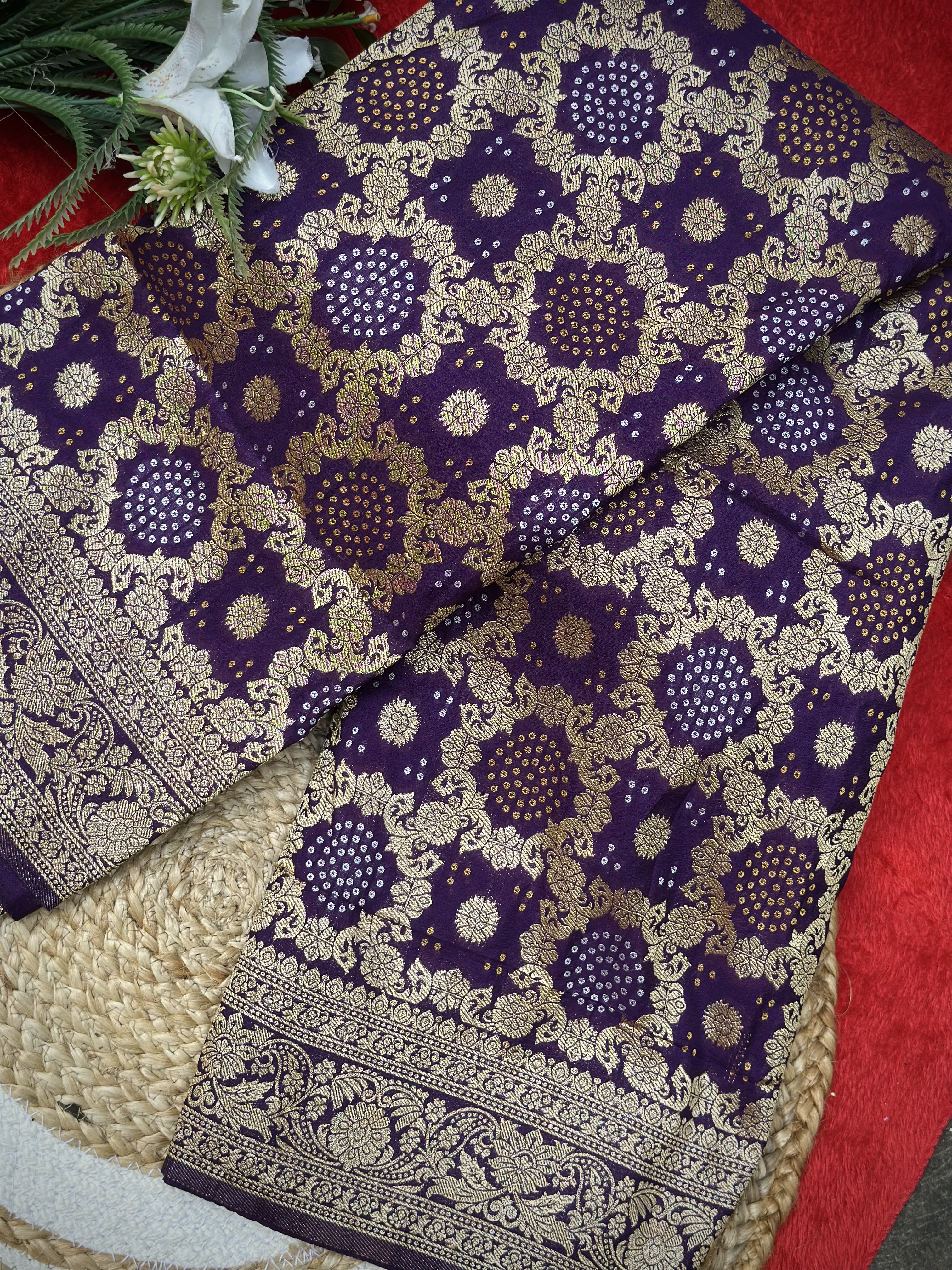 Kashish Silk – Premium Dark Wine Banarasi Georgette Saree with Golden Zari Weaving